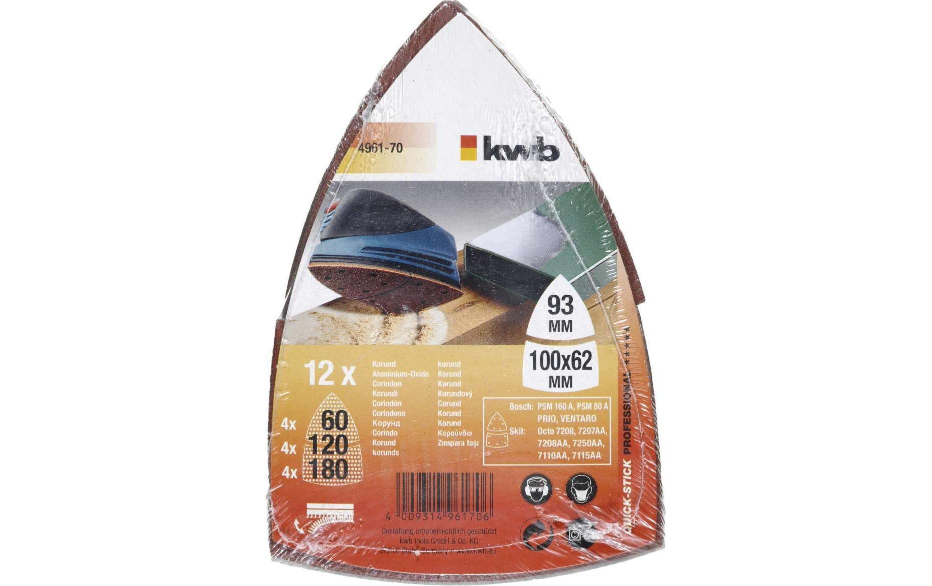 kwb Schleifpapier 100 × 93 mm – P60/120/180 – für Kunststoff, Holz, Metall – 12 Stk