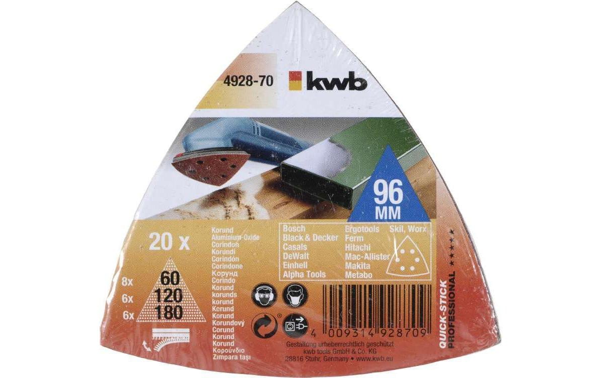 kwb Delta-Schleifblätter – für Holz, Metall, Stein usw. – 20 Stk – 8 × 60 / 6 × 120 / 6 × 180
