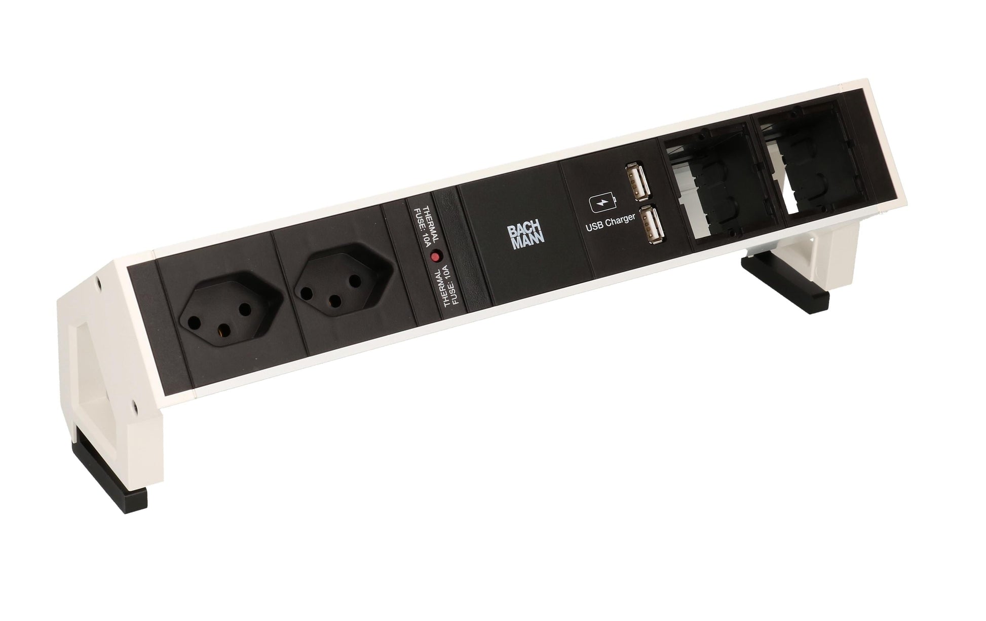Bachmann DESK 2 Tischsteckdosenleiste – 2×T13, 2×USB‑A, 0,2 m, Kindersicherung, ohne Schalter – Silber