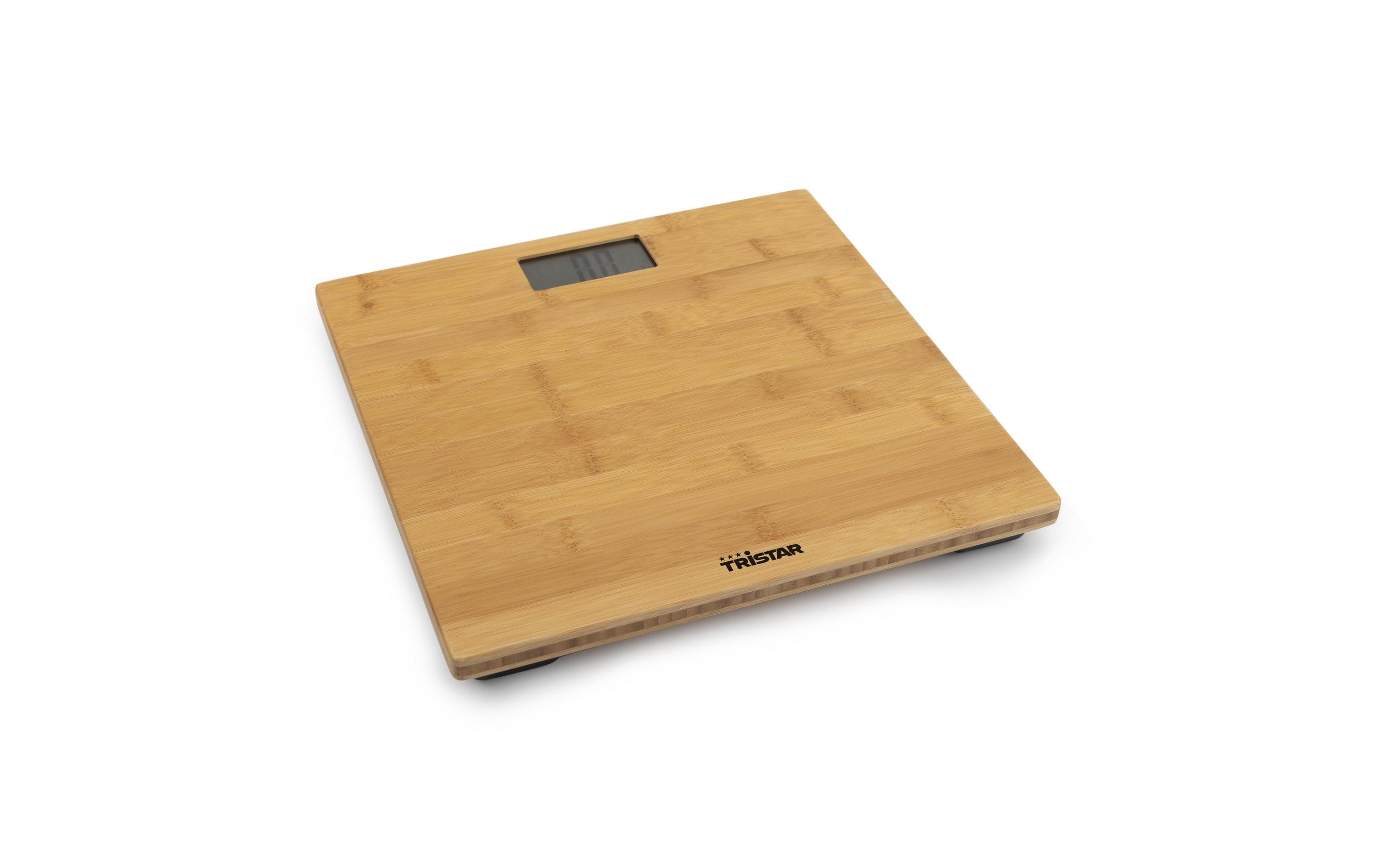 Tristar Paketwaage WG-2432 – Tragkraft 180 kg, Teilung 100 g, Wiegefläche 30 × 30 cm, Batterie, Bambus, Braun