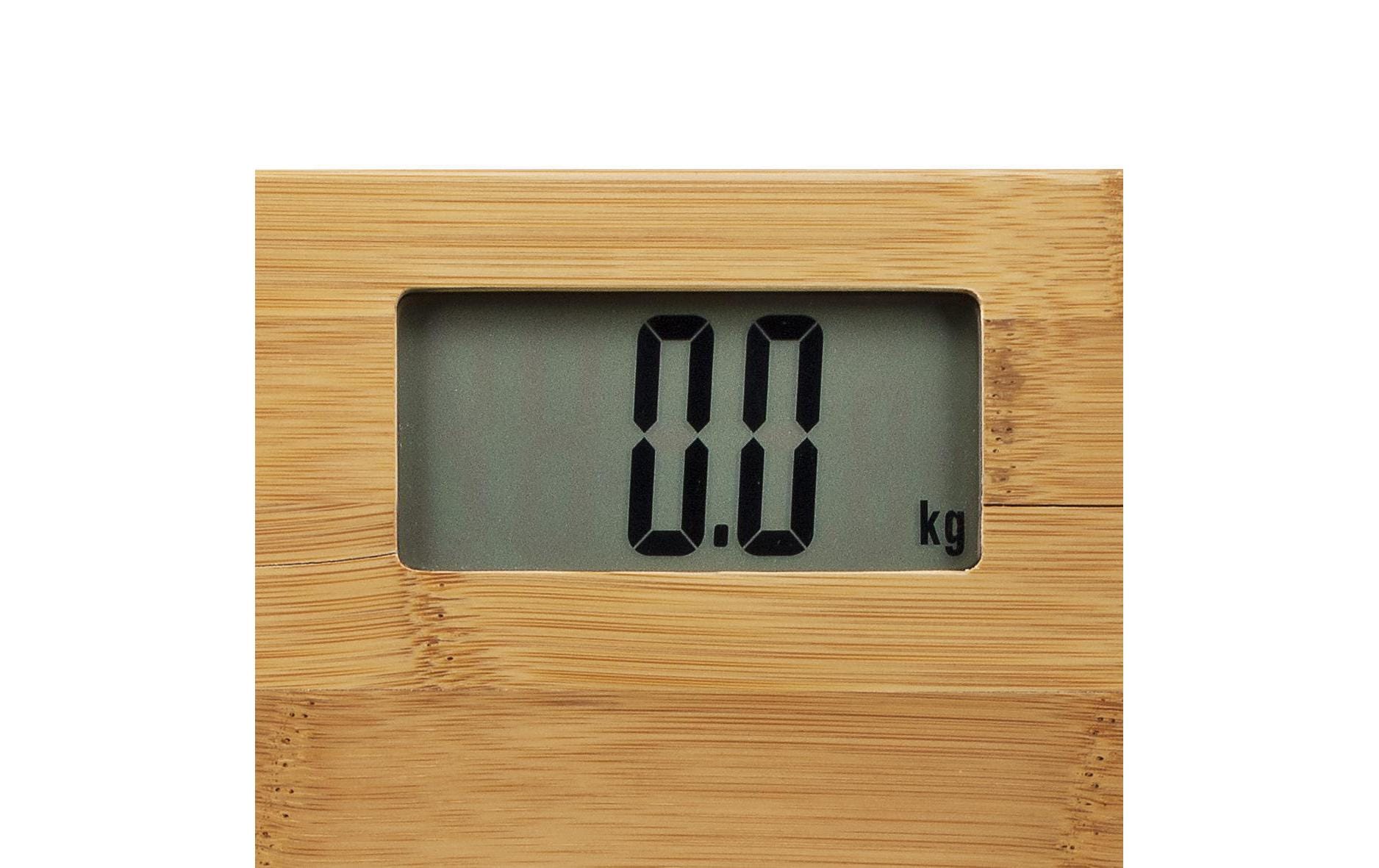 Tristar Paketwaage WG-2432 – Tragkraft 180 kg, Teilung 100 g, Wiegefläche 30 × 30 cm, Batterie, Bambus, Braun