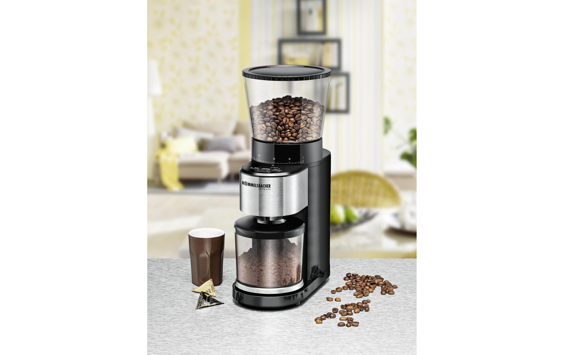 Rommelsbacher Kaffeemühle EMK500 – Kegelmahlwerk, 400 g, LED-Display, Schwarz
