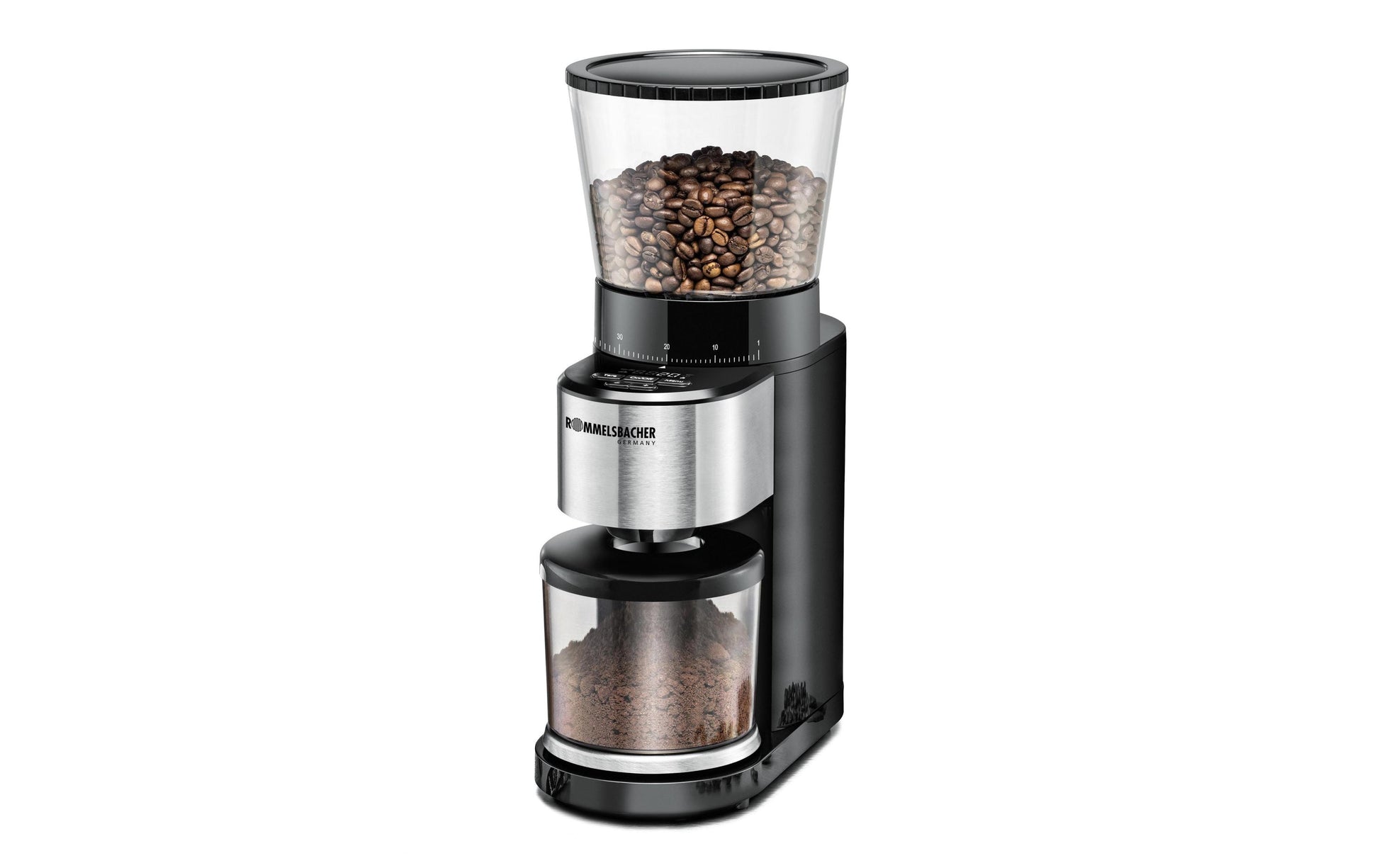 Rommelsbacher Kaffeemühle EMK500 – Kegelmahlwerk, 400 g, LED-Display, Schwarz