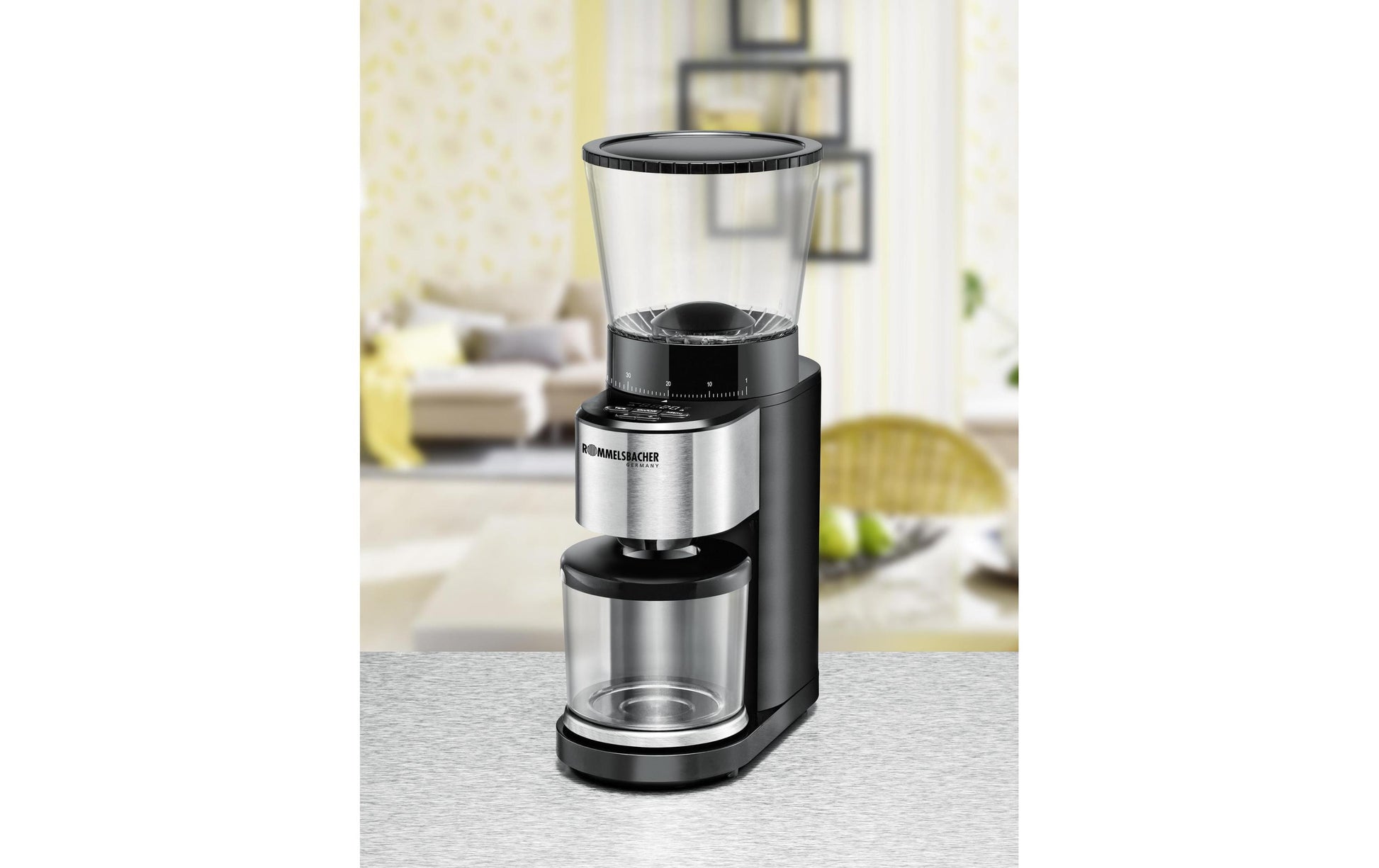 Rommelsbacher Kaffeemühle EMK500 – Kegelmahlwerk, 400 g, LED-Display, Schwarz