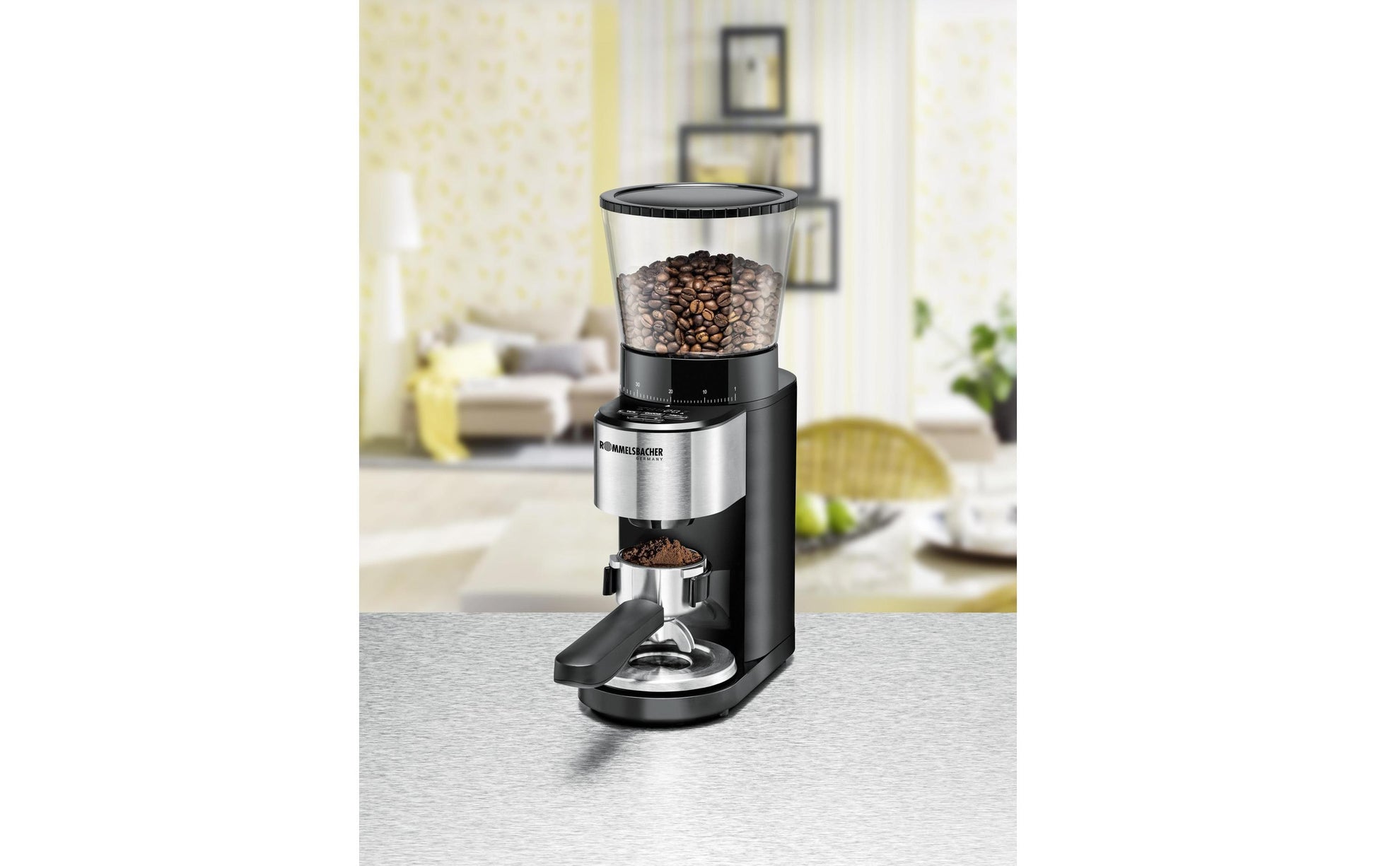 Rommelsbacher Kaffeemühle EMK500 – Kegelmahlwerk, 400 g, LED-Display, Schwarz