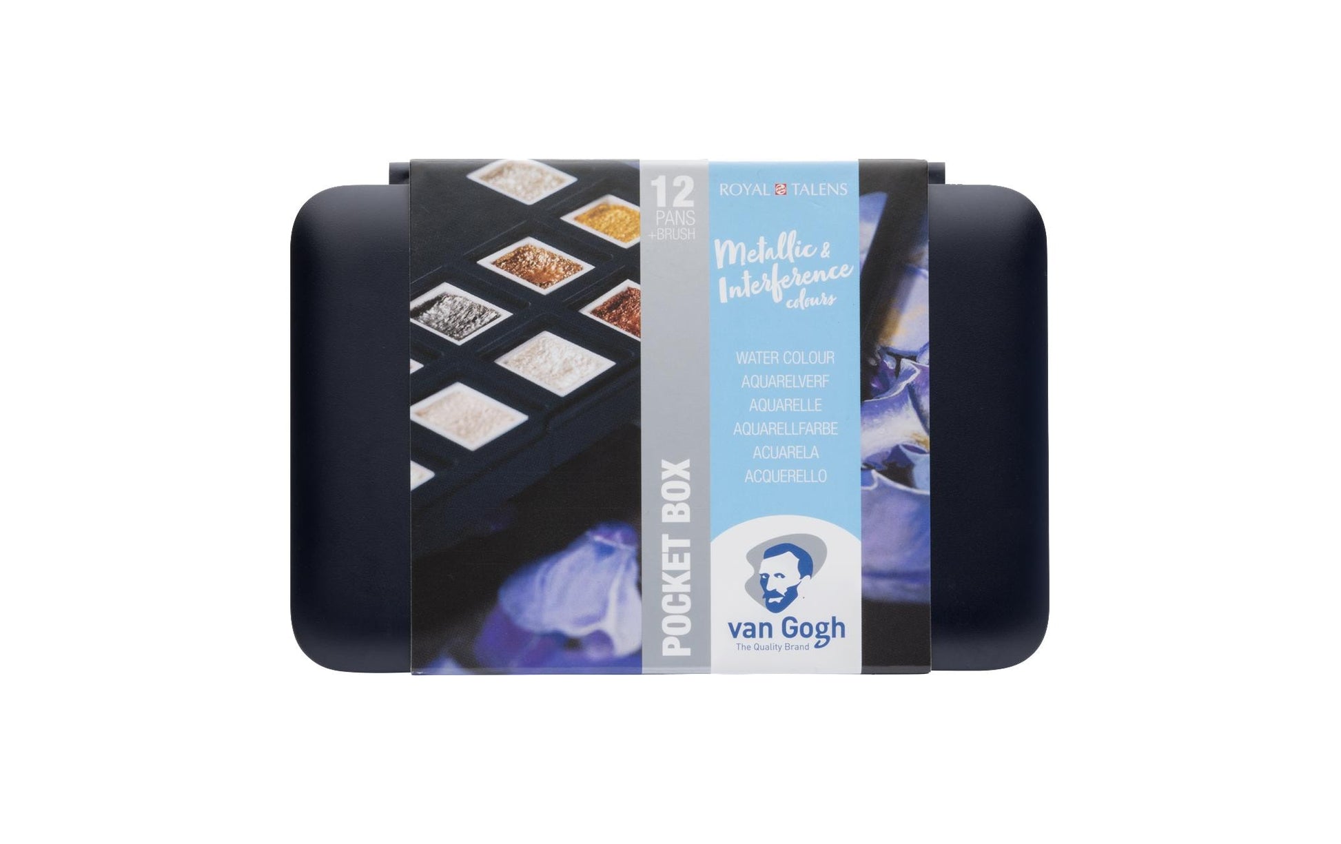 Van Gogh Pocket Box – Aquarellfarben – Set, 12 Farben, metallic & perleffekt, inkl. Schwamm & Pinsel
