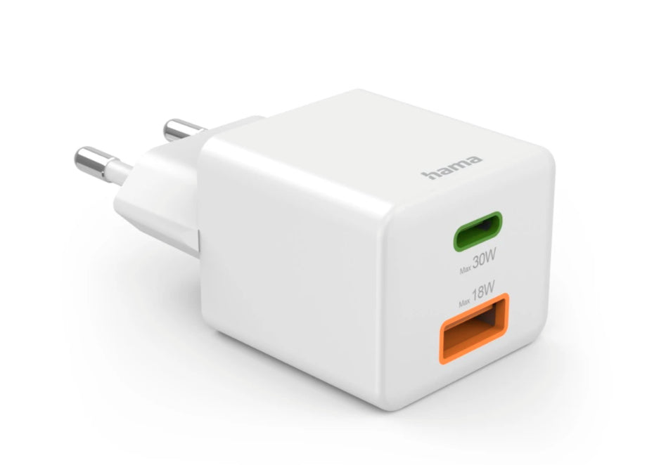 Hama 00201992 USB-Ladegerät 30 W – USB-C×1, USB-A×1 – PD 3.0, QC 3.0 – Weiss
