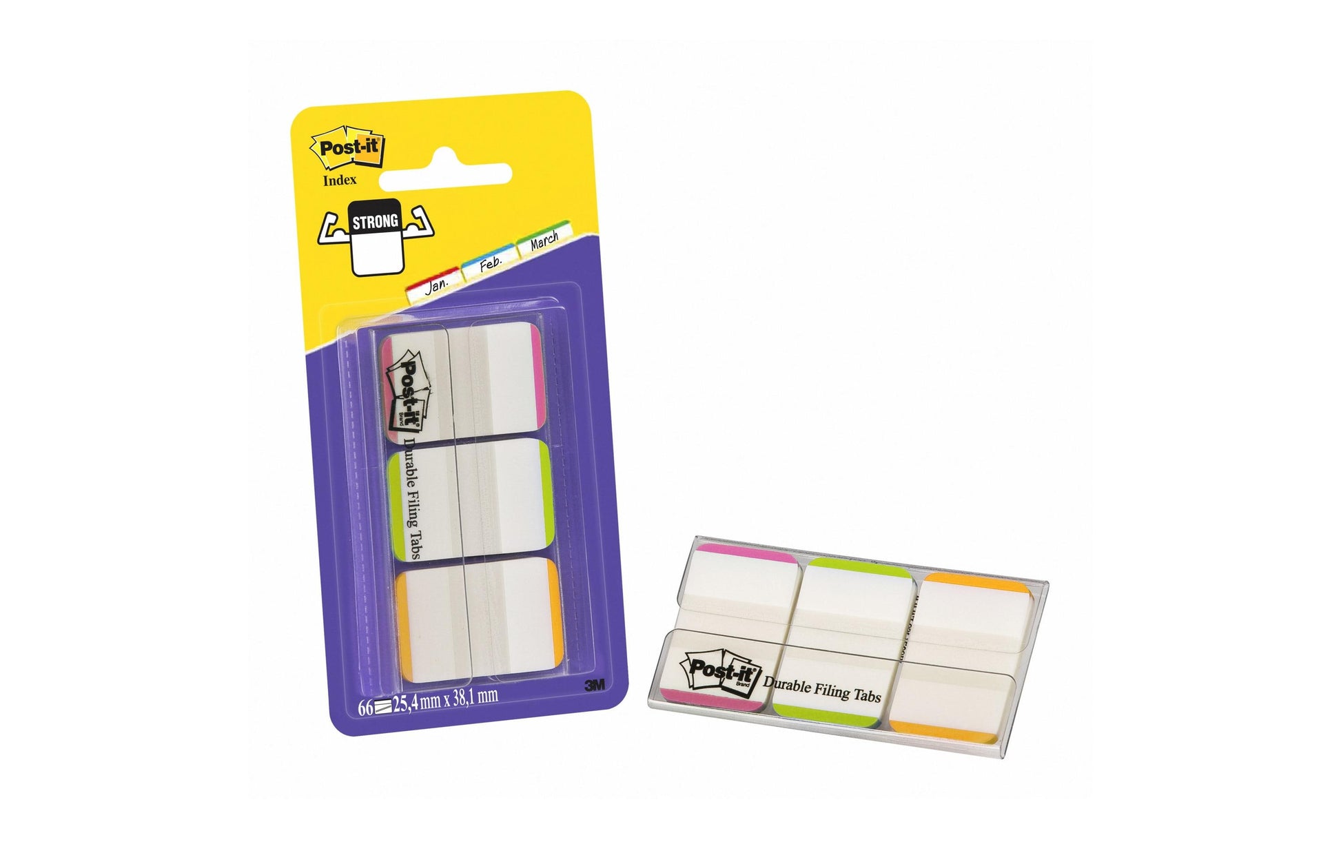 Post-it Indexstreifen Strong – 25,4×38 mm – sortiert (pink, grün, orange), 3×22 Stück, mit Dispenser
