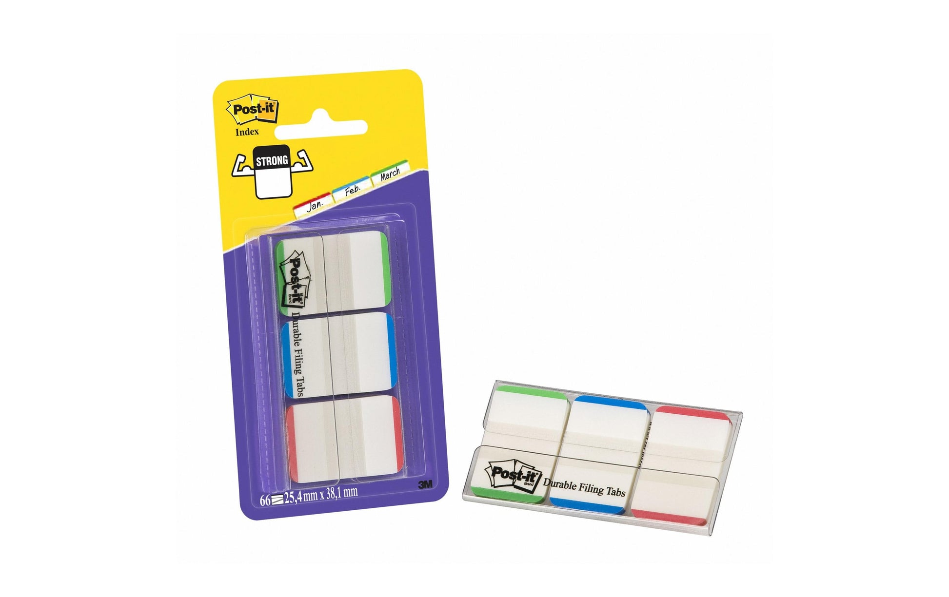 Post-it Indexstreifen Strong – 25,4×38 mm – sortiert (grün, blau, rot), 3×22 Stück, mit Dispenser