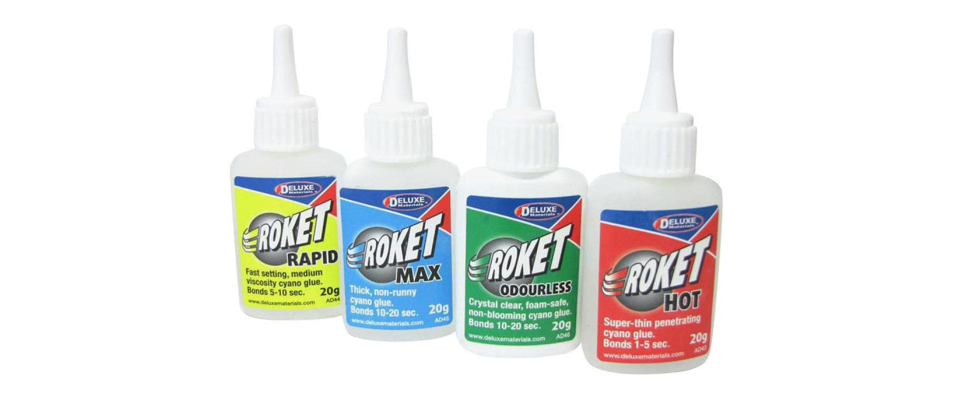 Deluxe Materials Roket Cyano Mixed Klebstoff-Set/Koffer – Transparent, für Kunststoff, 12 Stk.