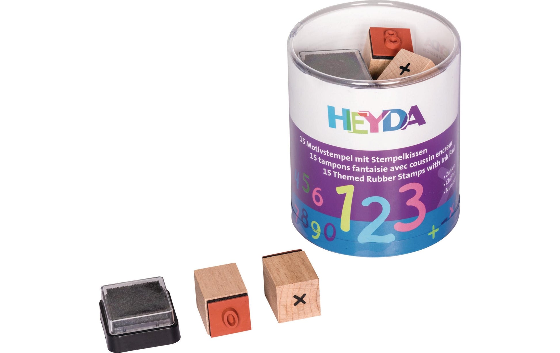 HEYDA Stempel-Set – Zahlen – 15 Stempel, 1 schwarzes Stempelkissen – Holz – Motivplatte 15 mm