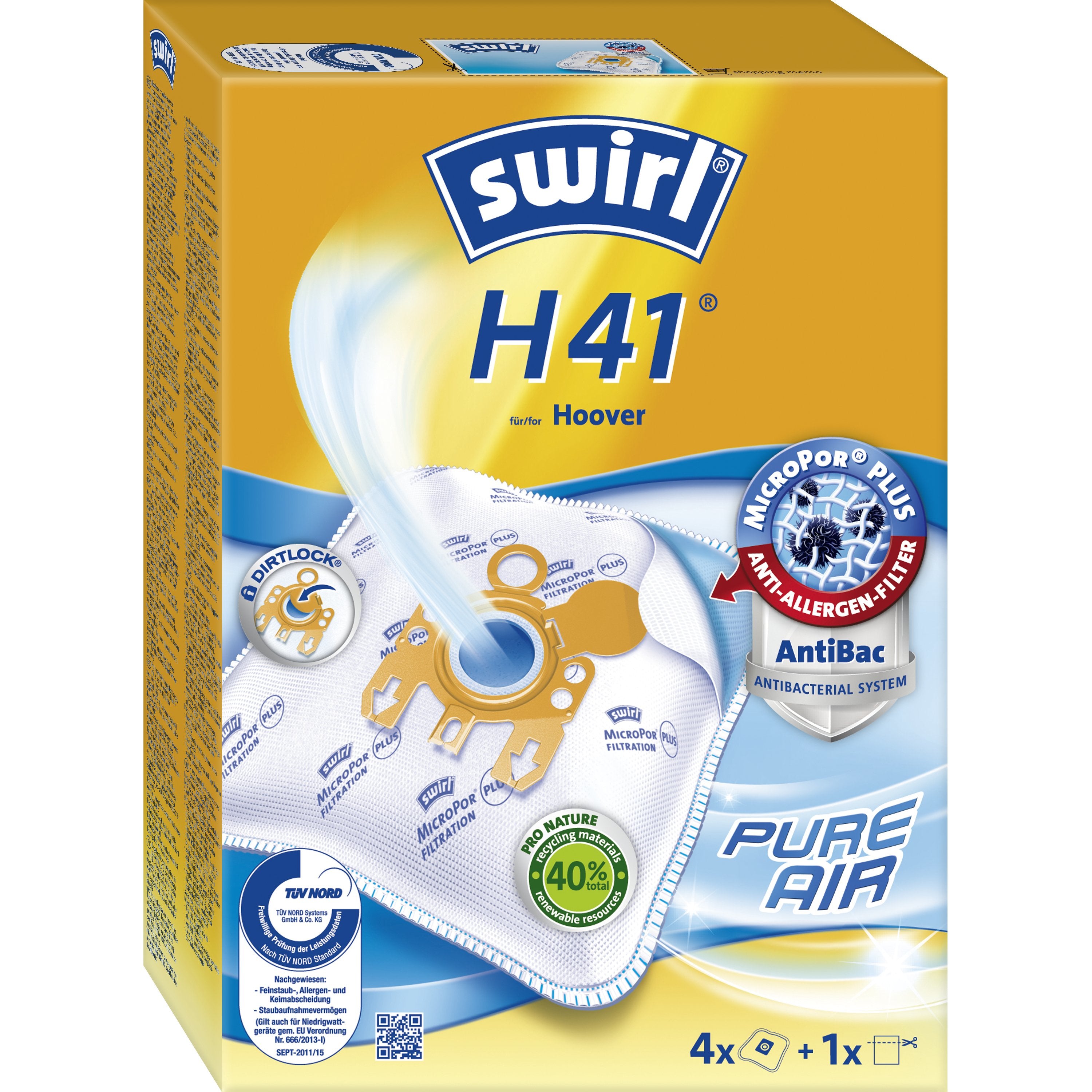 Swirl Staubbeutel H 41 AirSpace – 4 Stück, für Hoover TGP 1410, Silent Energy, TeliosPlus und andere