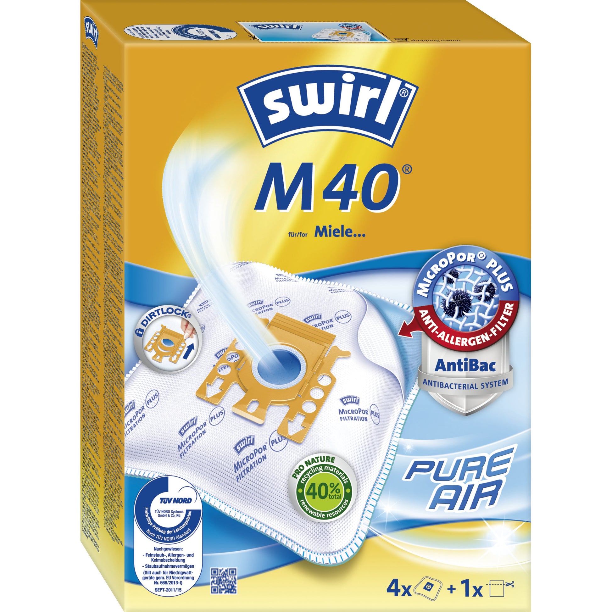Swirl Staubbeutel M 40 – 4 Stück, für Miele S2–S2999, Miele S400i–S456i, Miele S600–S658