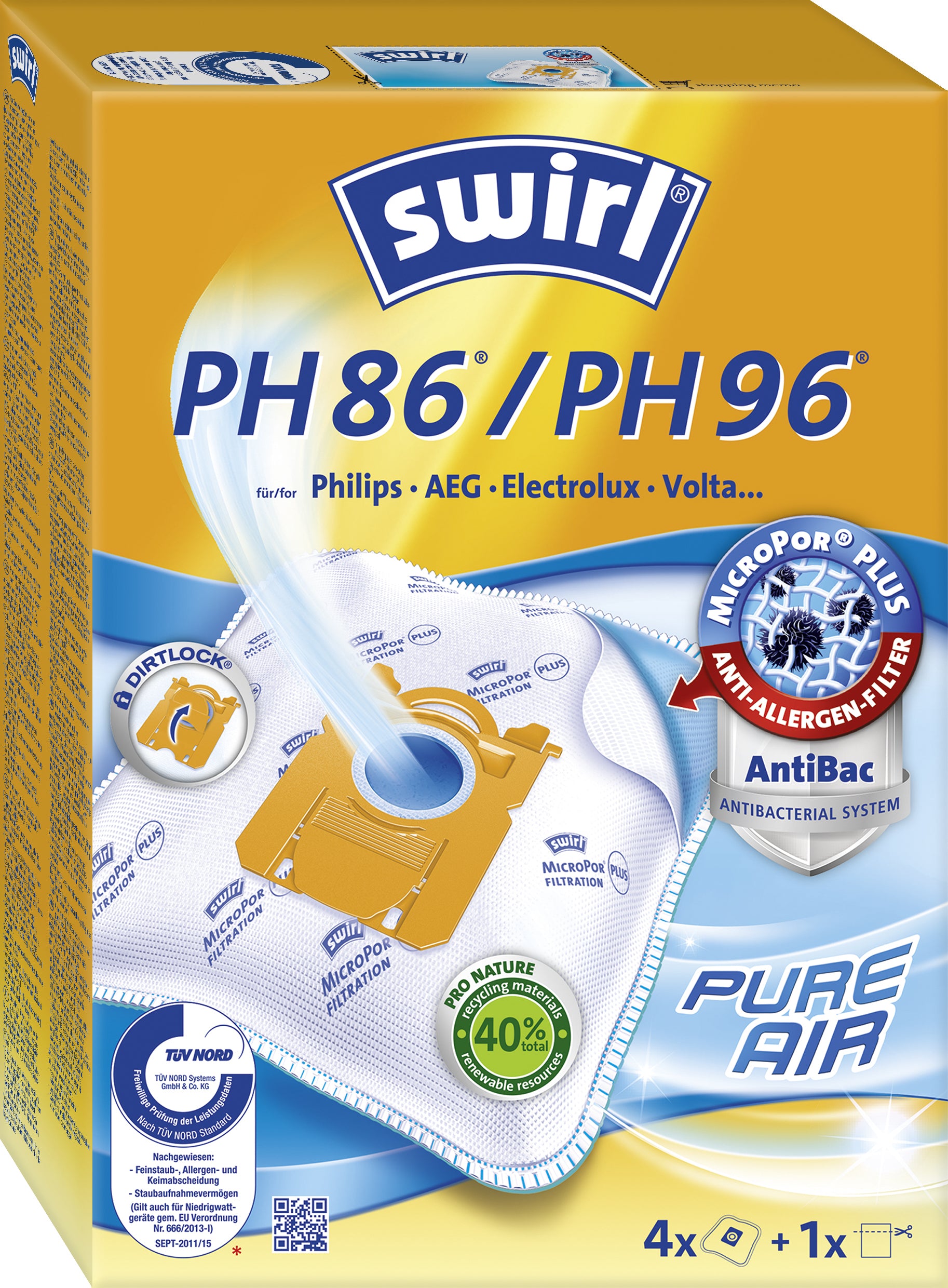 Swirl Staubbeutel PH 86 – 4 Stück, für Philips, AEG, Electrolux und andere