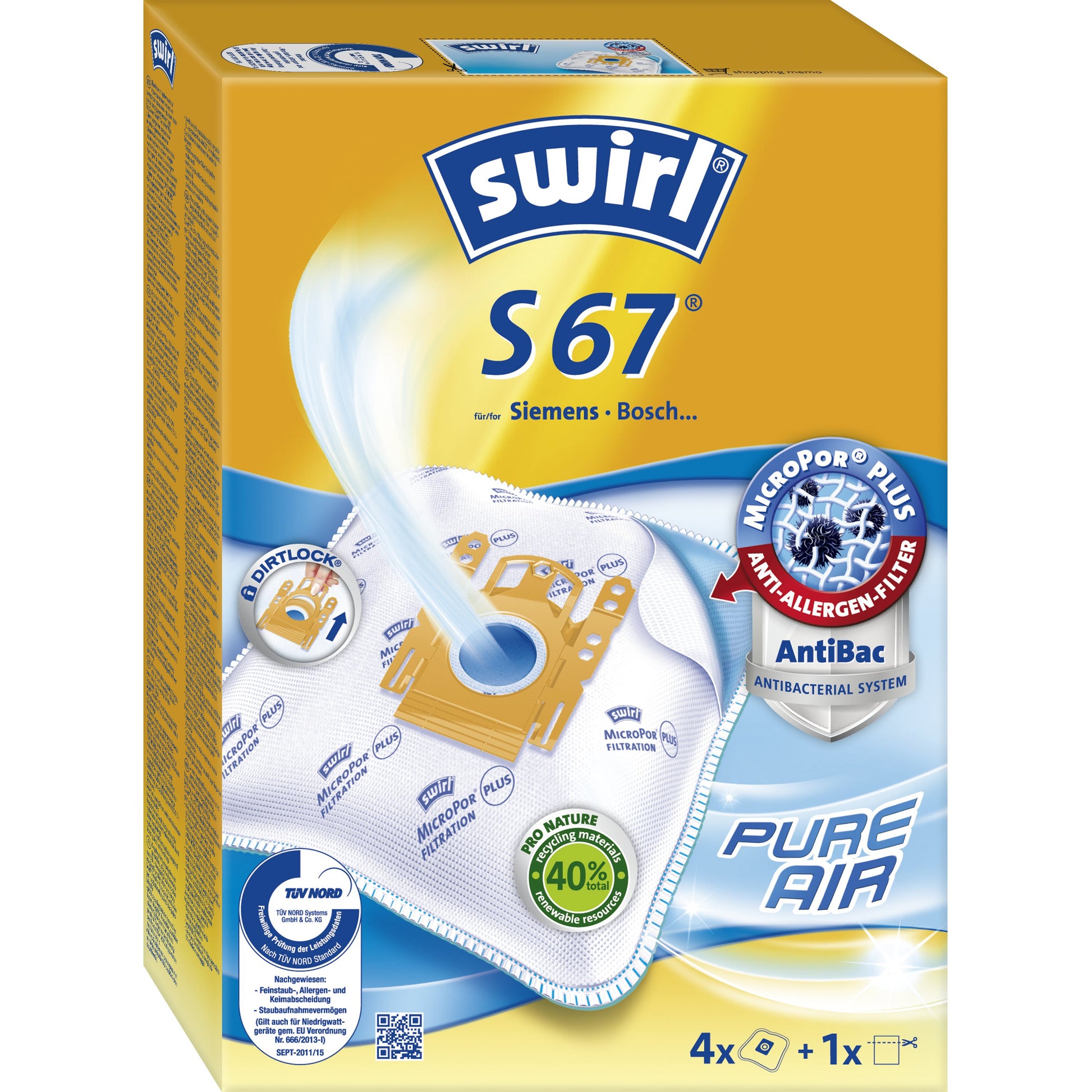 Swirl Staubbeutel S 67 – 4 Stück, für Siemens VS 32A00–33A99, VS 04G0000–04G9999, Bosch BBS 6310–6399 u. a.