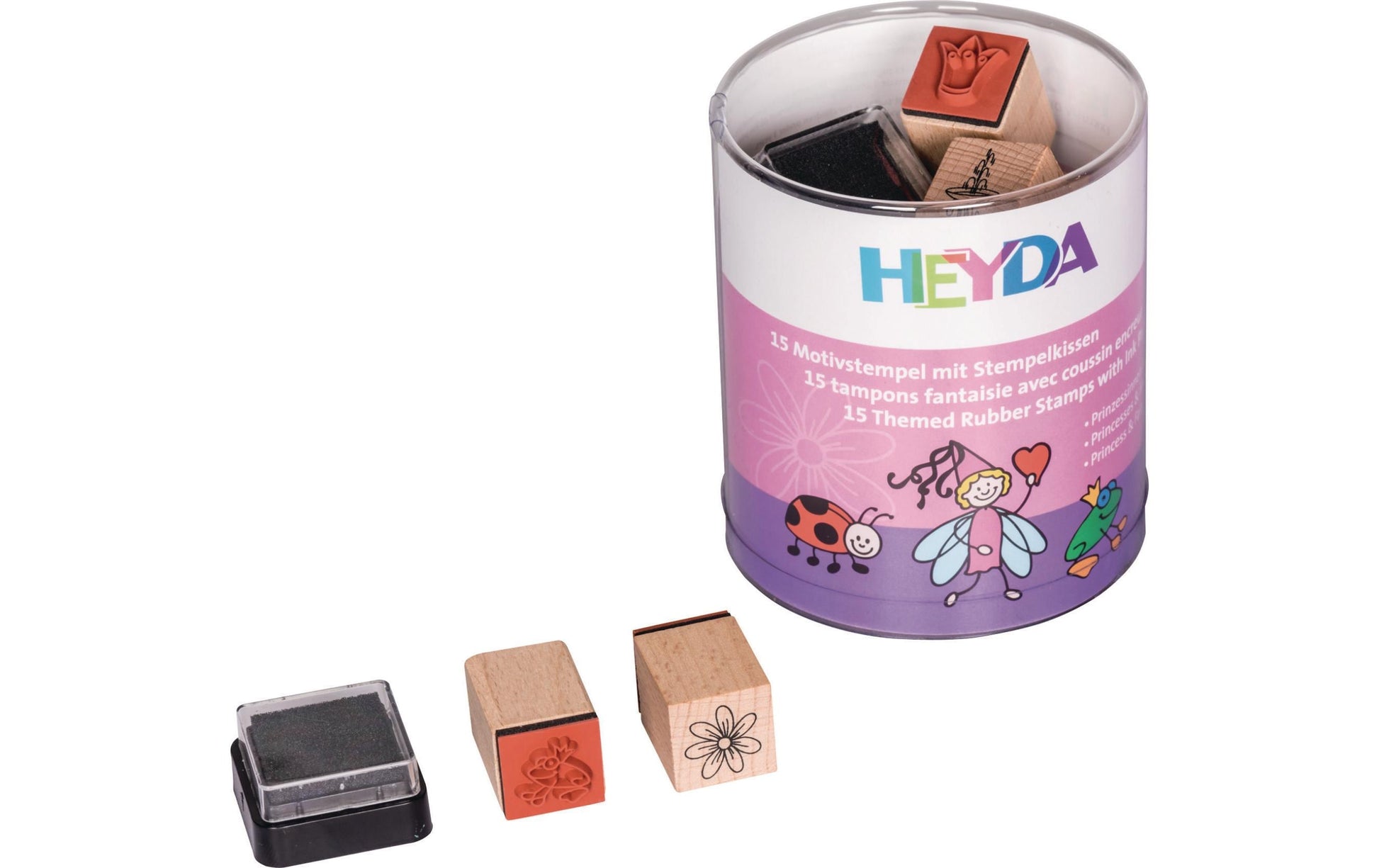 HEYDA Stempel-Set – Prinzessinnen & Feen – 15 Stempel, 1 schwarzes Stempelkissen – Holz