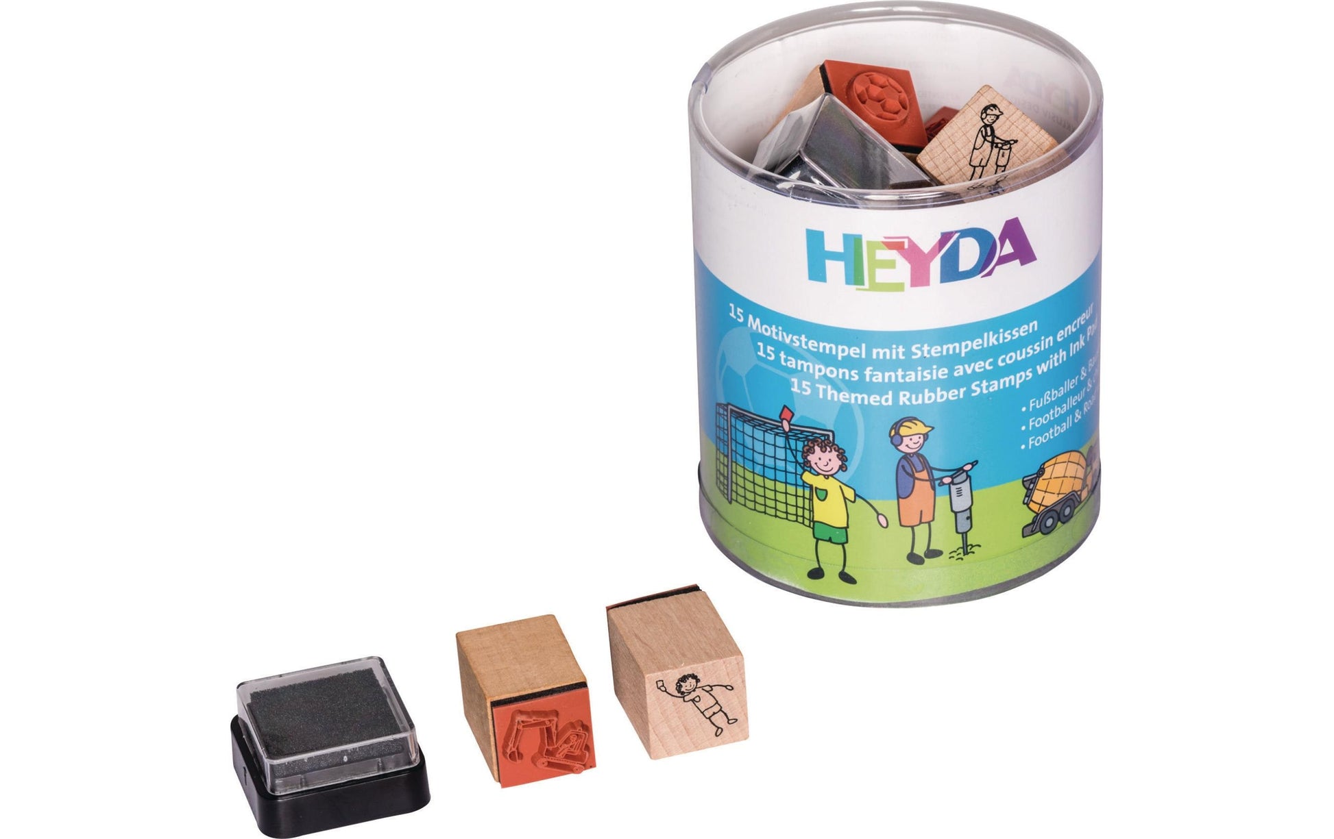 HEYDA Stempel-Set – Fussball & Baustelle – 15 Stempel, 1 schwarzes Stempelkissen – Holz