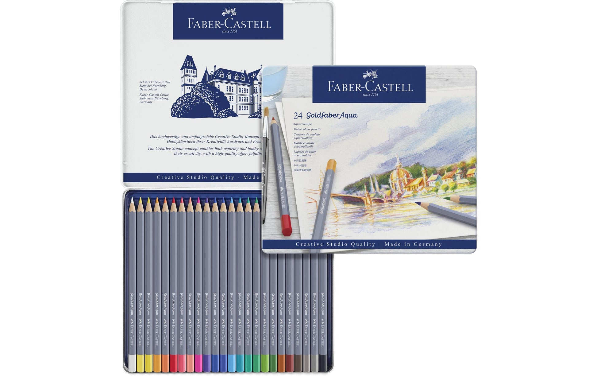 Faber-Castell Aquarellfarbstifte Goldfaber Aqua – Sechskant, Minen-Ø 3,3 mm, 24 Farben, im Metalletui