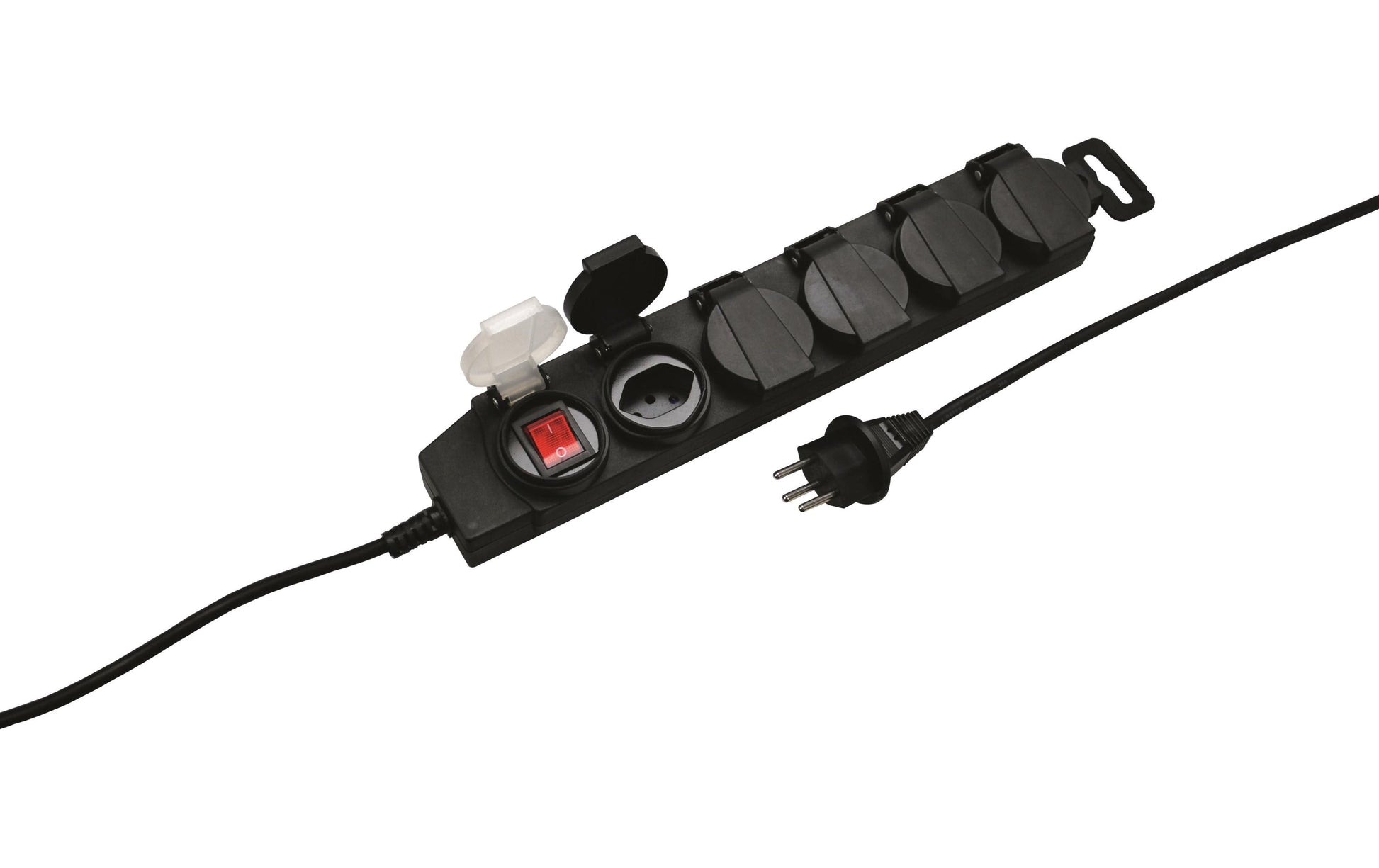 Steffen STEBA DRY Steckdosenleiste, 5×T13, mit Schalter, 3 m, Klappdeckel, Eingang T12, IP44 – Schwarz