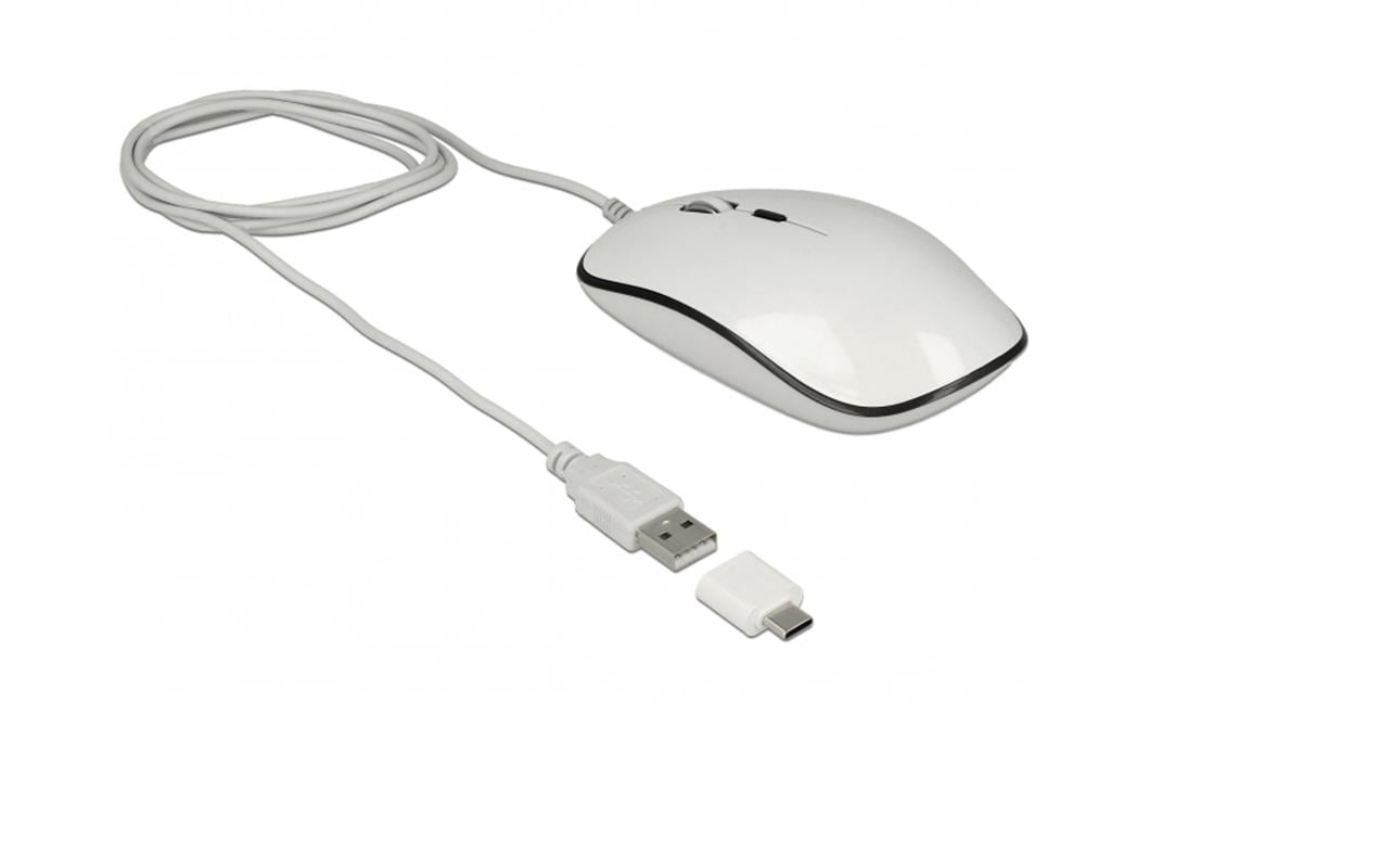 DeLOCK 12532 Maus – kabelgebunden, USB-C, 4 Tasten, beidhändig, umschaltbare DPI, Weiss/Anthrazit