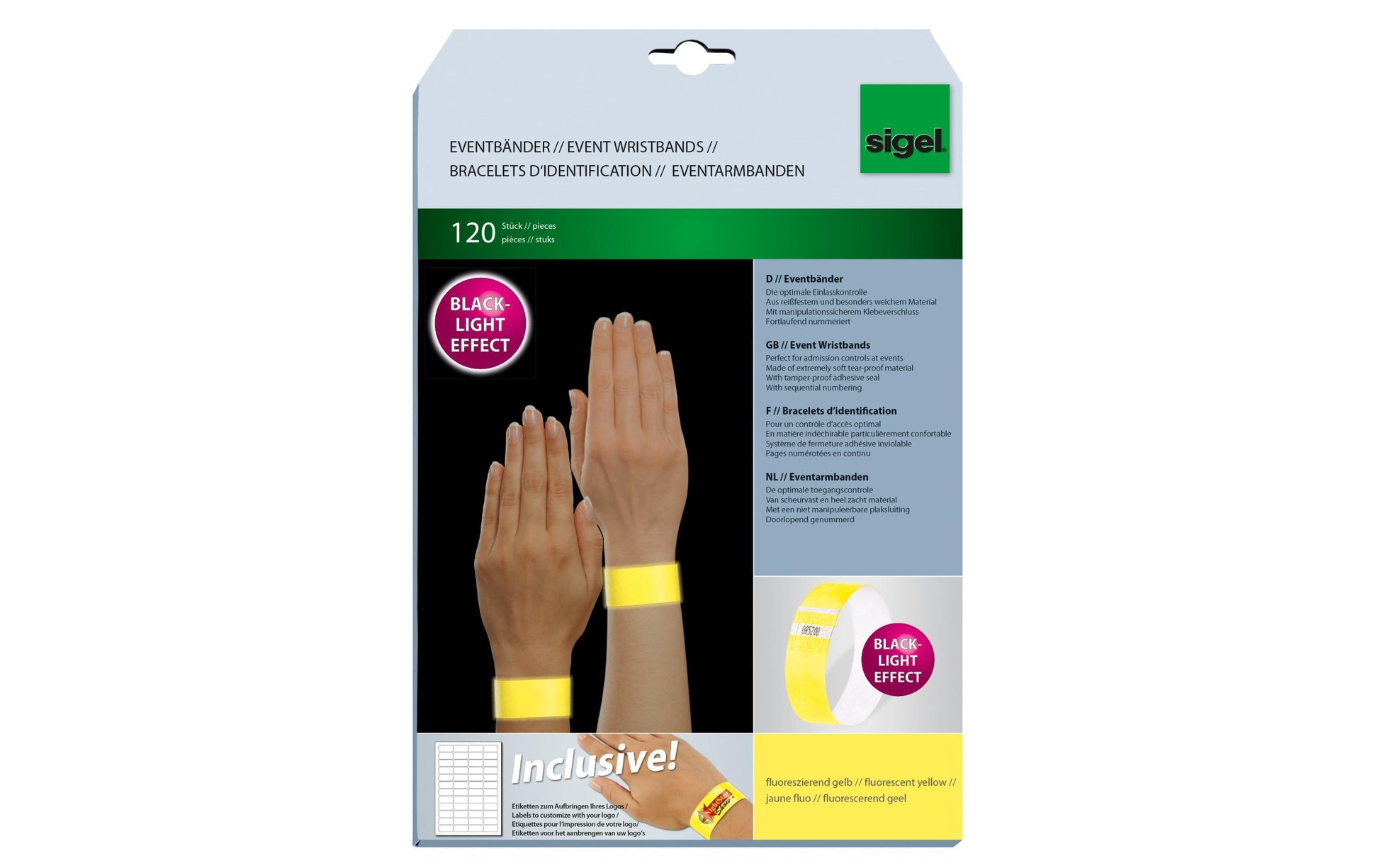 Sigel Event-Armband – 25 × 255 mm, gelb, Kunststoff, fortlaufend nummeriert – 120 Stk