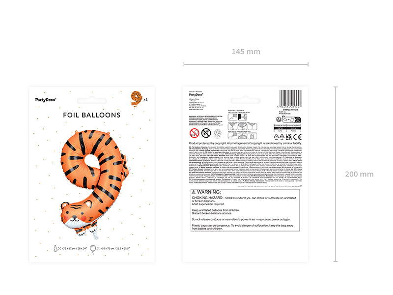 PartyDeco Folienballon Zahl 9 Tiger – Orange – 64 × 87 cm – Folie – 1 Stück – Auch mit Helium befüllbar