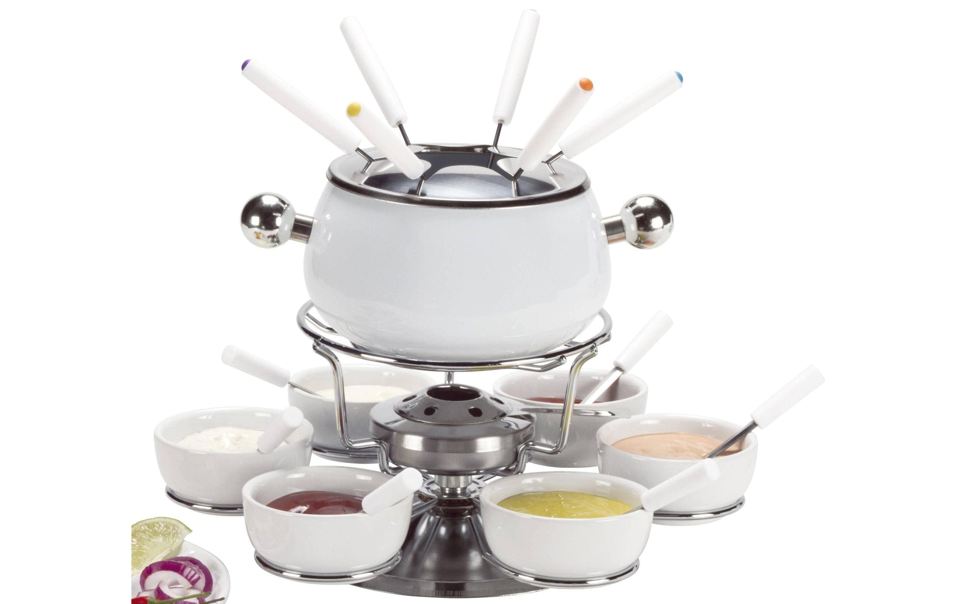 Nouvel Fondue-Set Sarina 400230 – Edelstahl, 1,5 l, 6 Personen – Pastenbrenner – Silber/Weiss