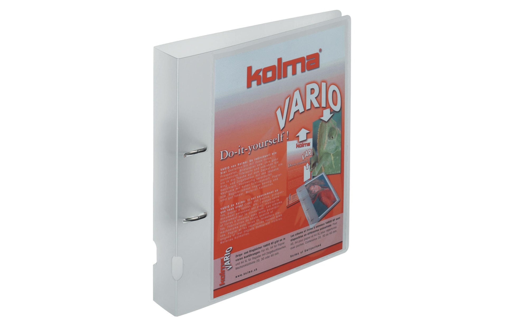 Kolma Ordner Vario – A4 hoch – 2-Ring Bügelmechanik, Ø 40 mm, Rücken 49 mm – transparent, mit Sichttasche
