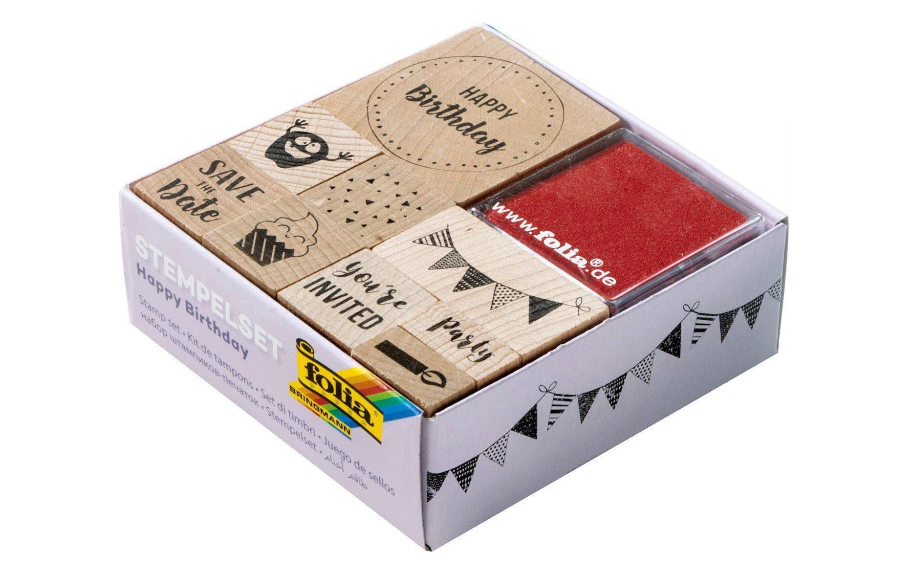 Folia Motivstempel-Set – Happy Birthday, 11 Teile, Kissen sortiert