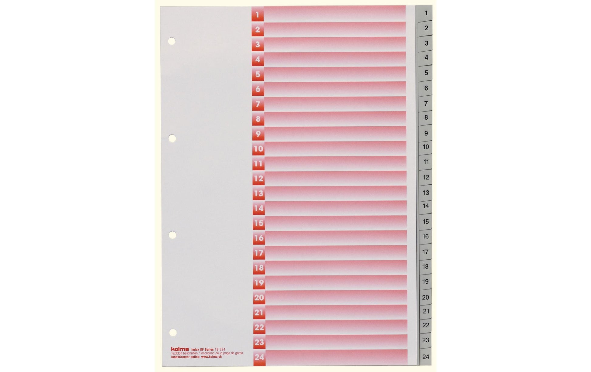 KolmaFlex Register – A4, 24-teilig, PP, grau, vorgedruckt, mit Indexblatt, 4-fach Lochung, nummeriert