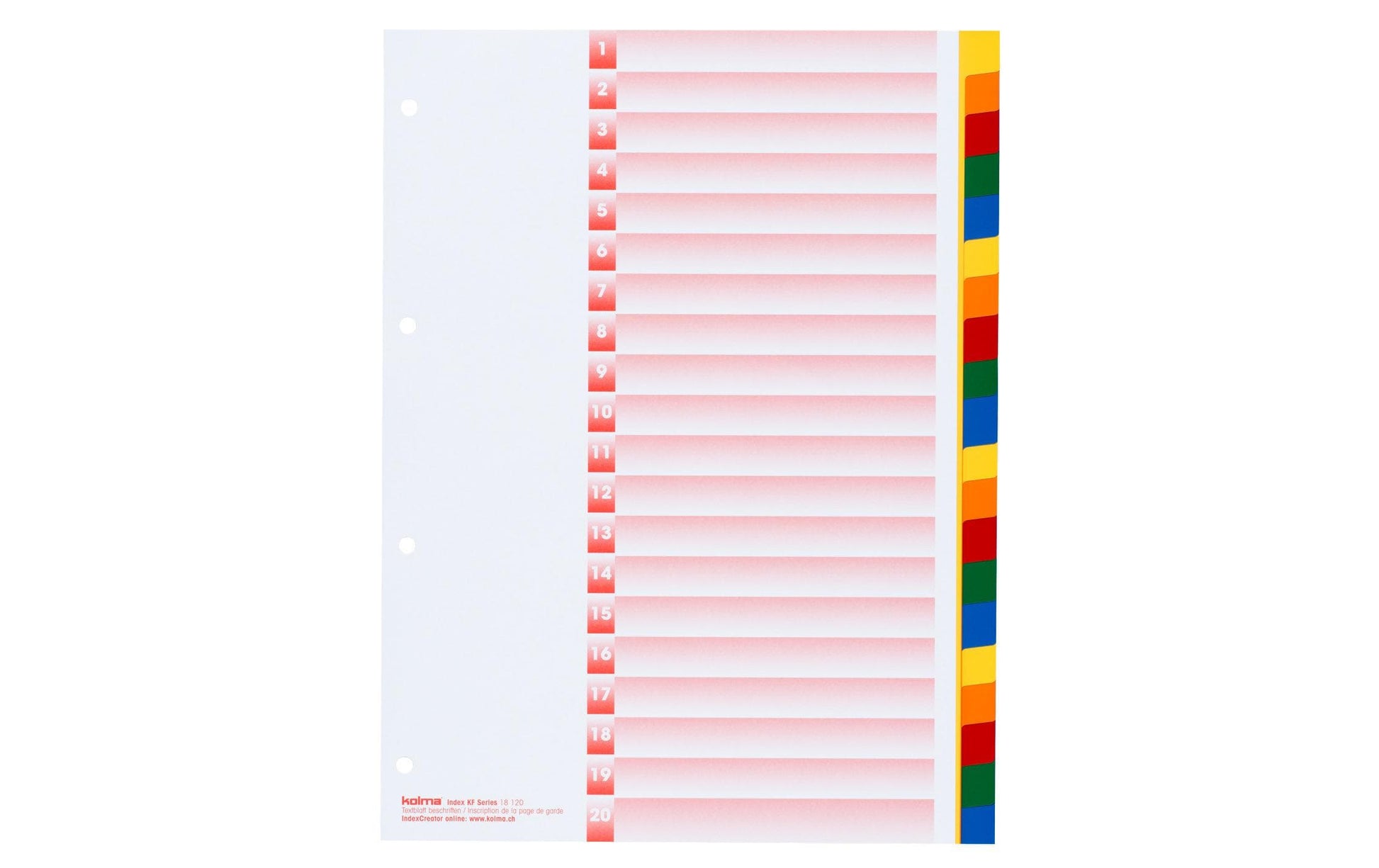 KolmaFlex Register – A4, 20-teilig, PP, farbig, unbedruckt, 4-fach Lochung, mit Indexblatt