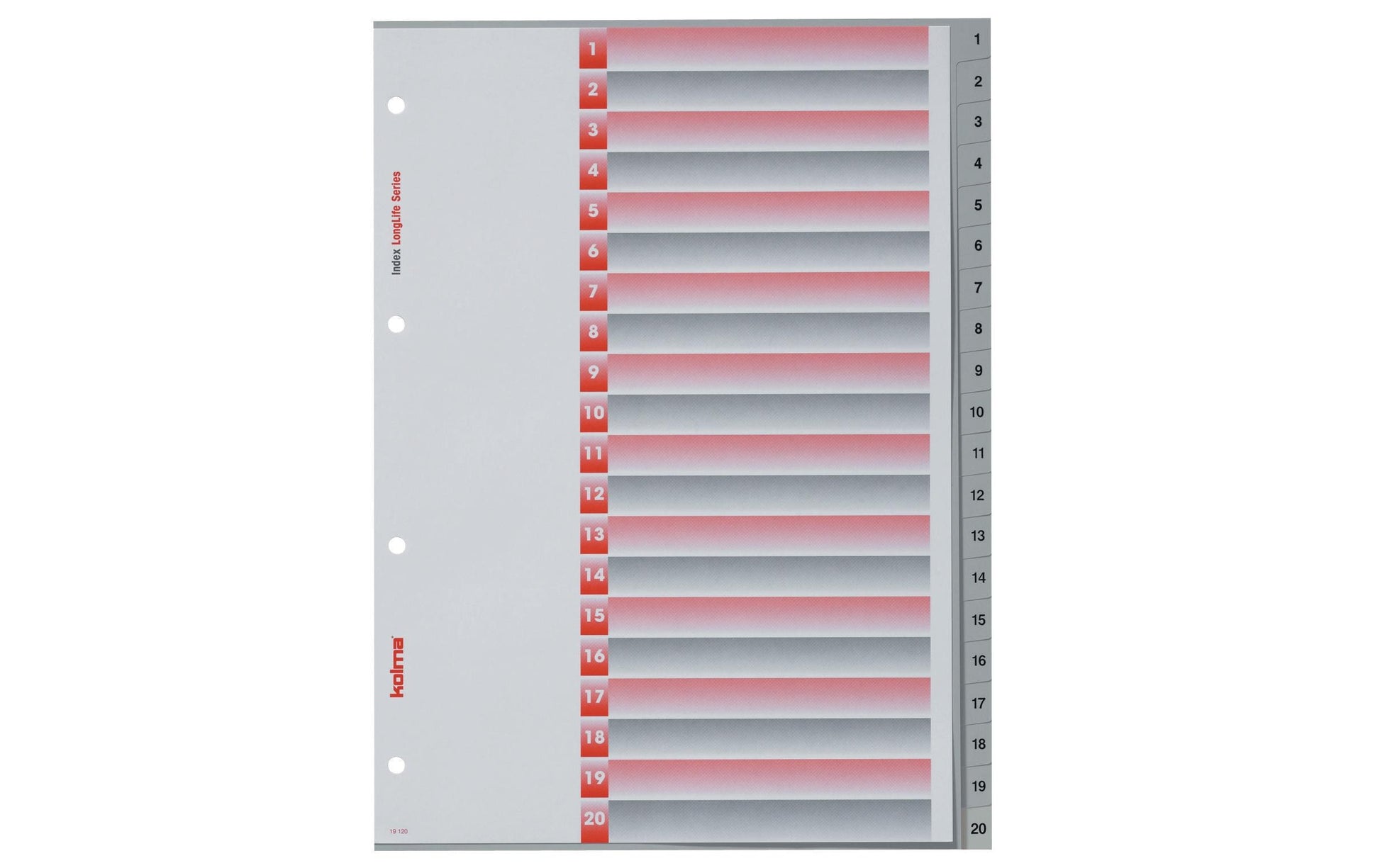 Kolma LongLife Register – 20-teilig, PVC, grau, 4-fach gelocht, Indexblatt, für A4 hoch