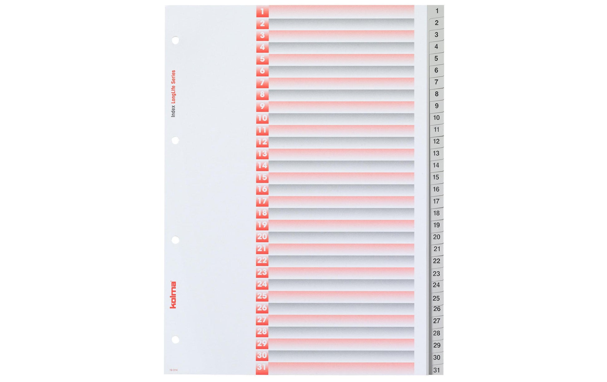 Kolma LongLife Register – A4, 31-teilig, PVC, grau, vorgedruckt, mit Indexblatt, 4-fach Lochung