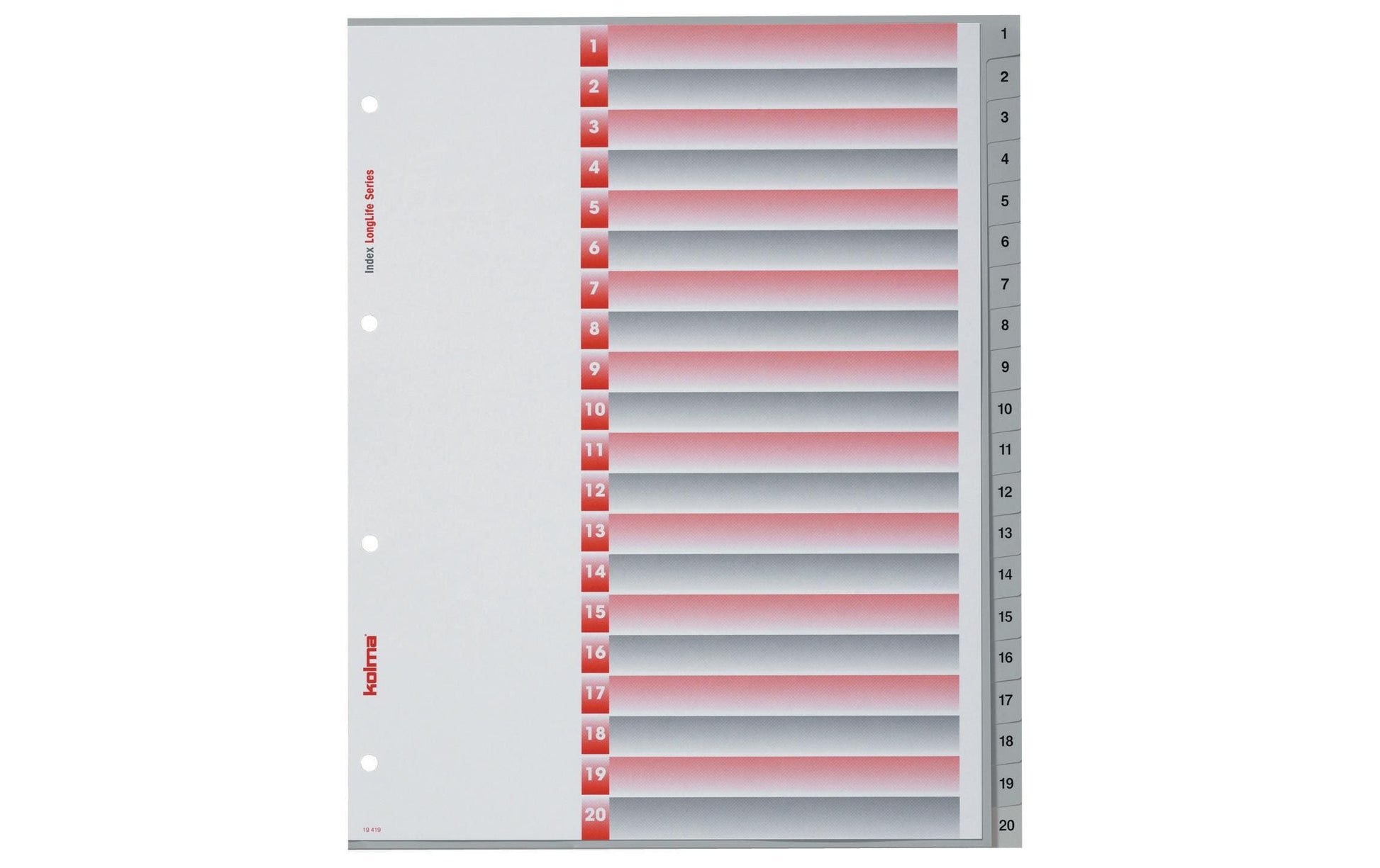 Kolma LongLife XL Register – A4, 20-teilig, PVC, grau, mit Indexblatt, für A4 hoch überbreit