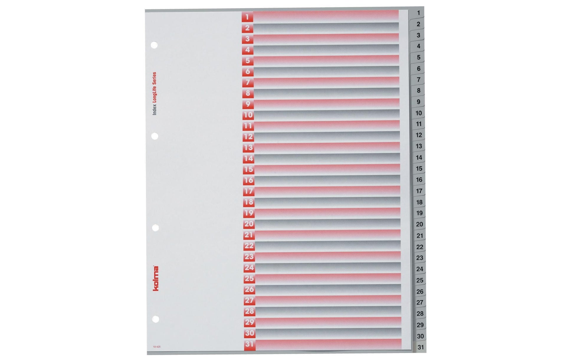 Kolma LongLife XL Register – 31-teilig, PVC, grau, vorgedruckt, 4-fach Lochung, für A4 hoch überbreit