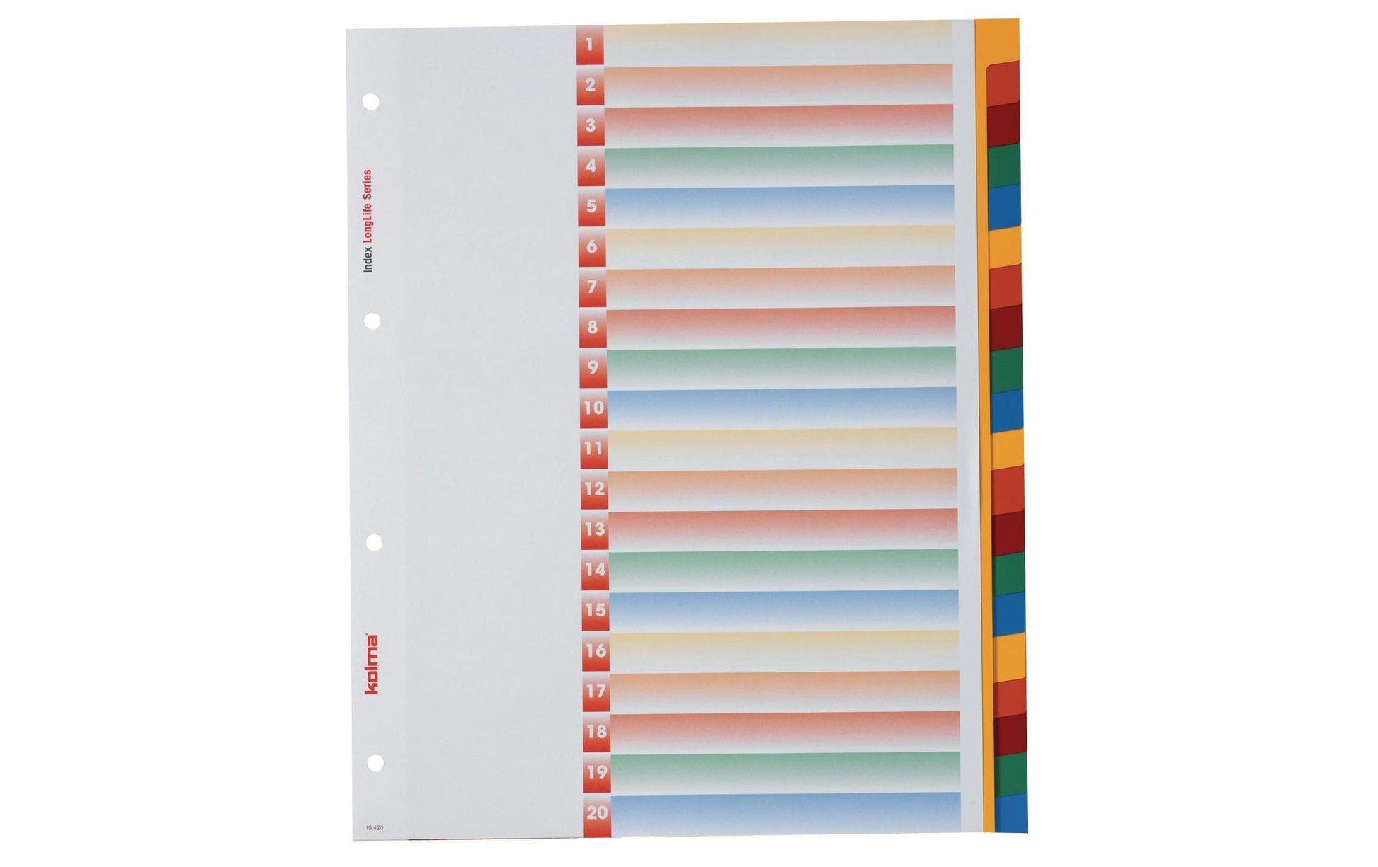 Kolma Register – 20-teilig, PVC, farbig, unbedruckt, mit Indexblatt, 4-fach Lochung, für A4 hoch überbreit