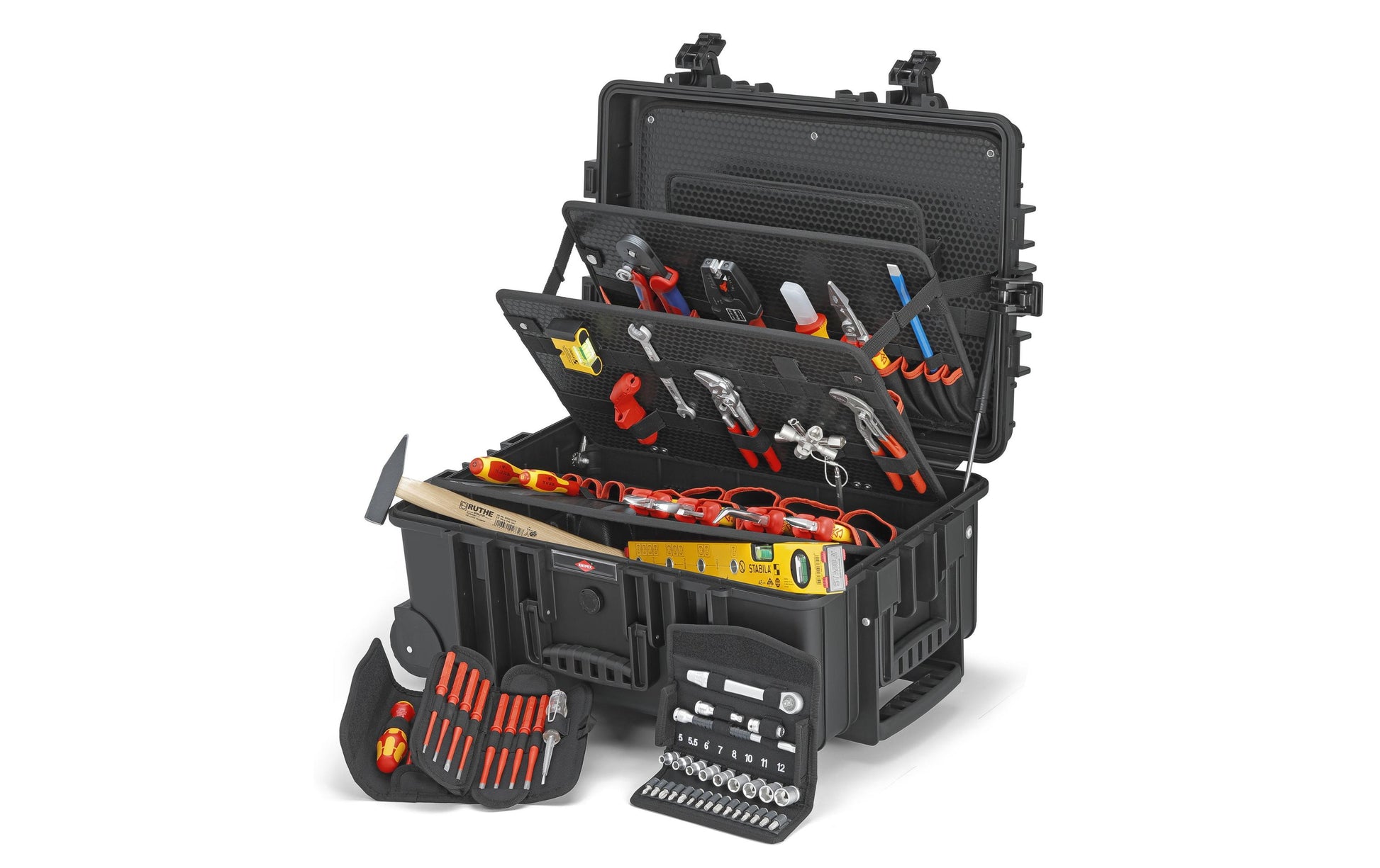 Knipex Robust45 Werkzeugkoffer 45 l – bestückt, 63-teilig, mit 2 Rollen, Trolley, abschliessbar, schwarz, PP
