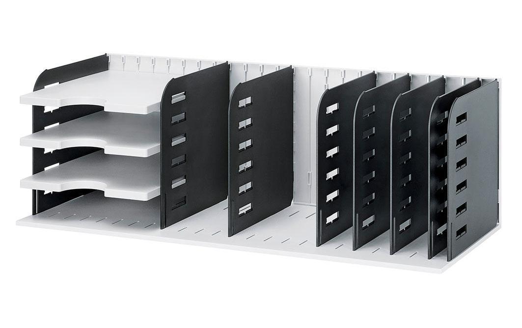 Styro Briefkorb – Kunststoff, 7 Fächer, stapelbar, schwarz, B 723 × H 248 × T 304 mm