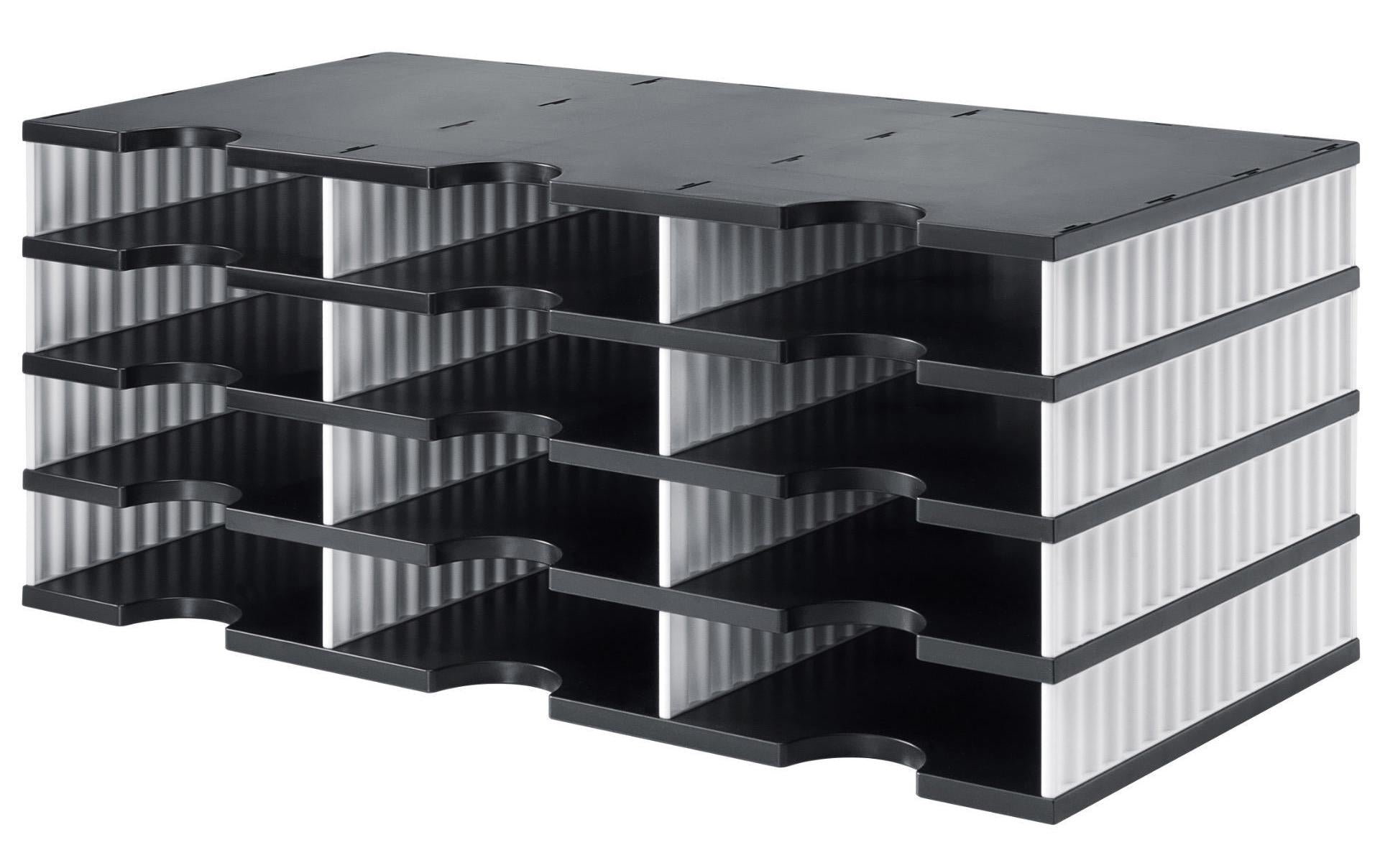 Styro Briefkorb – mit Griffausschnitt, mit Beschriftungsfeld, weiss/schwarz, B 723 × H 293 × T 331 mm