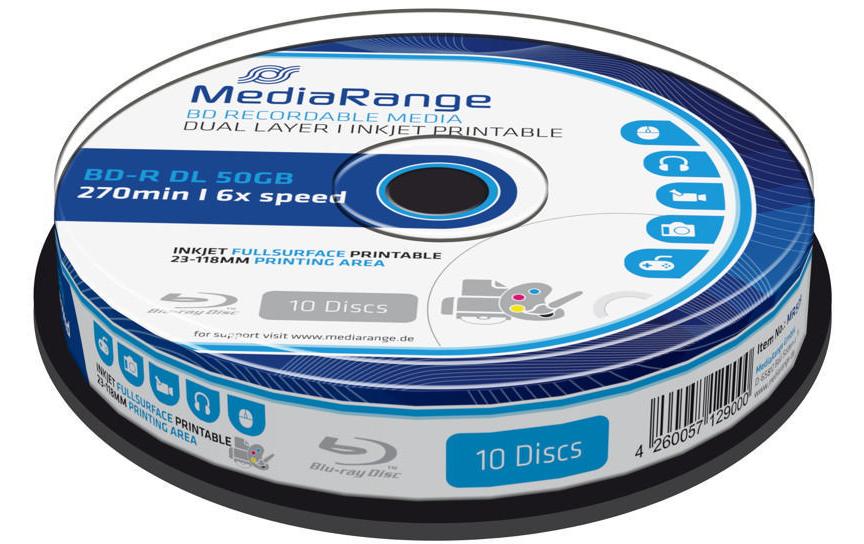 MediaRange BD-R 50 GB – 6×, bedruckbar, 10er Spindel