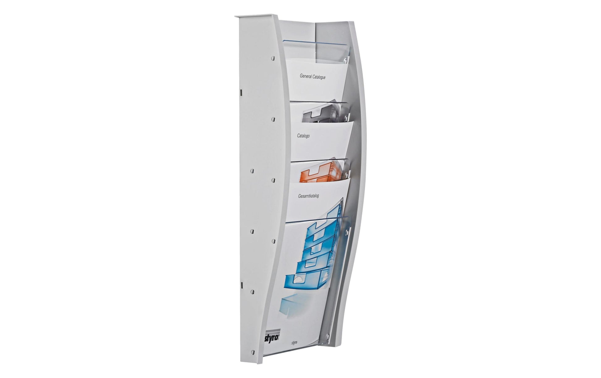 Styro Wandprospekthalter – 262 × 577 mm, lichtgrau, Kunststoff, für A4