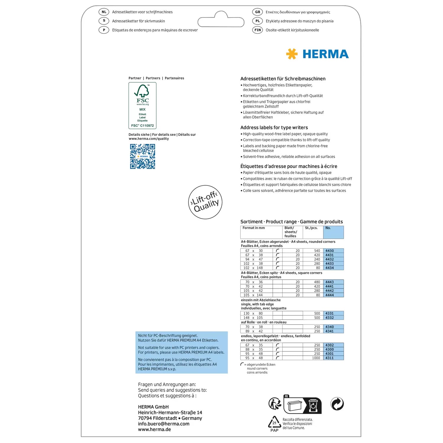HERMA Adressetiketten, korrigierbar – für Schreibmaschinen bis 4 Durchschläge – 280er-Pack