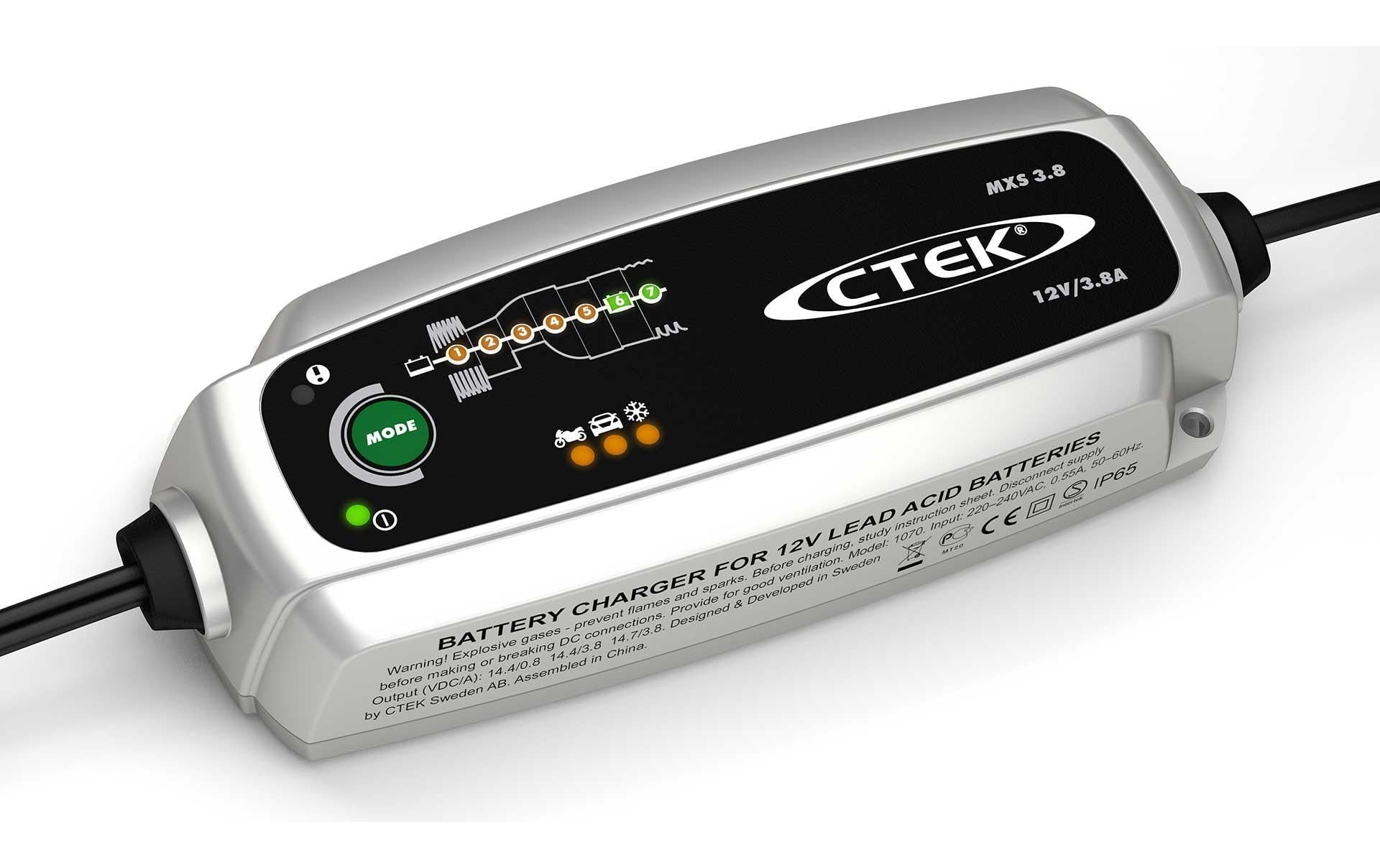 CTEK MXS 3.8 Batterieladegerät 12 V, 3,8 A – für Blei-Säure (AGM, Gel), IP65, 1,2–130 Ah – schwarz, silber