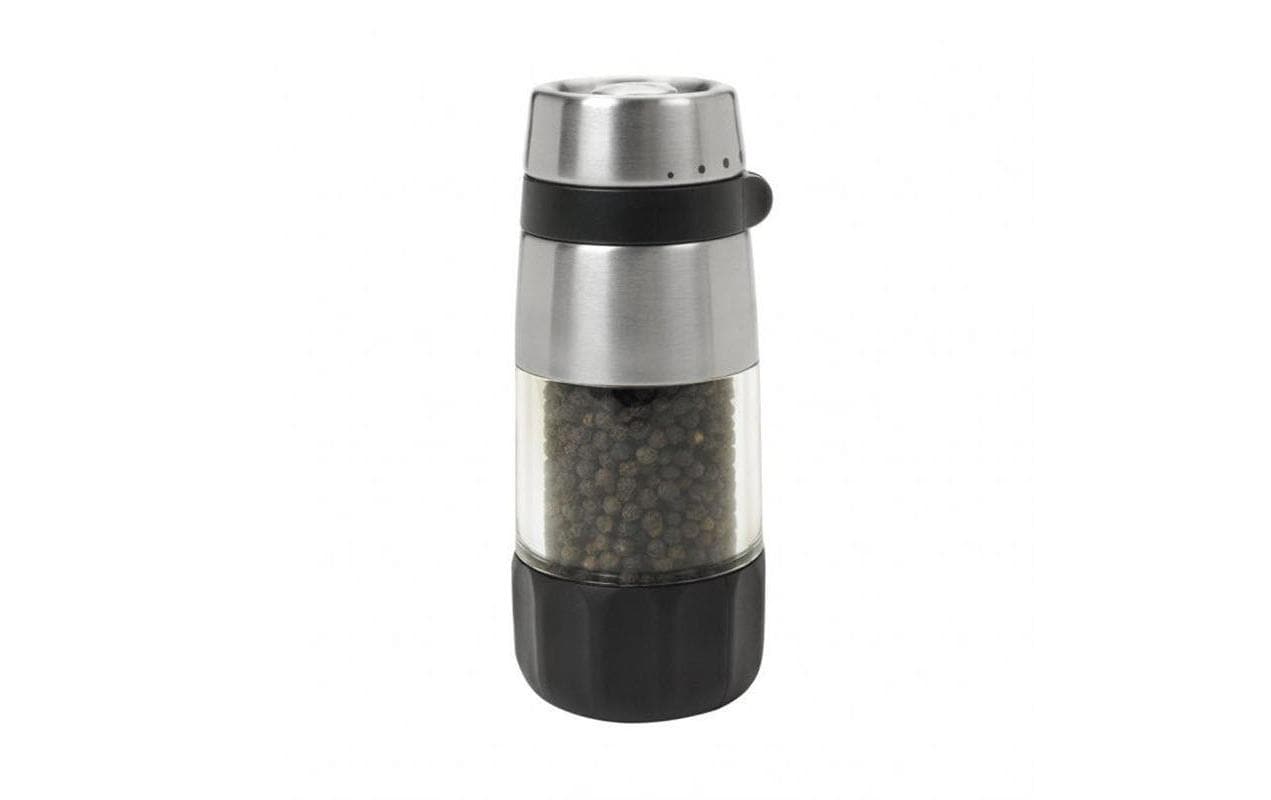OXO Good Grips – Pfeffermühle 14 cm, Keramikmahlwerk, einstellbar, Acryl/Edelstahl, schwarz/edelstahl