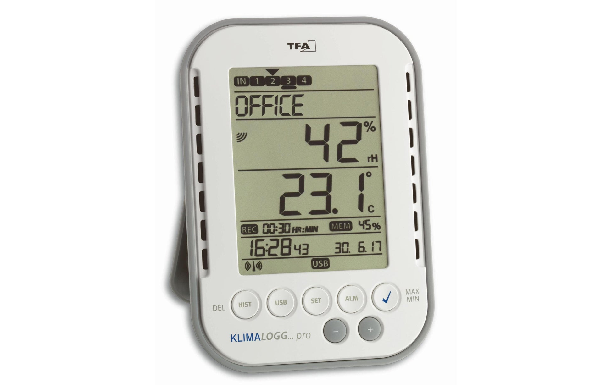 TFA-Dostmann Klima Logg Pro Thermo-Hygrometer (Handgerät) – USB, 0,0–50,0 °C, 1–99 %, Innen/Aussen
