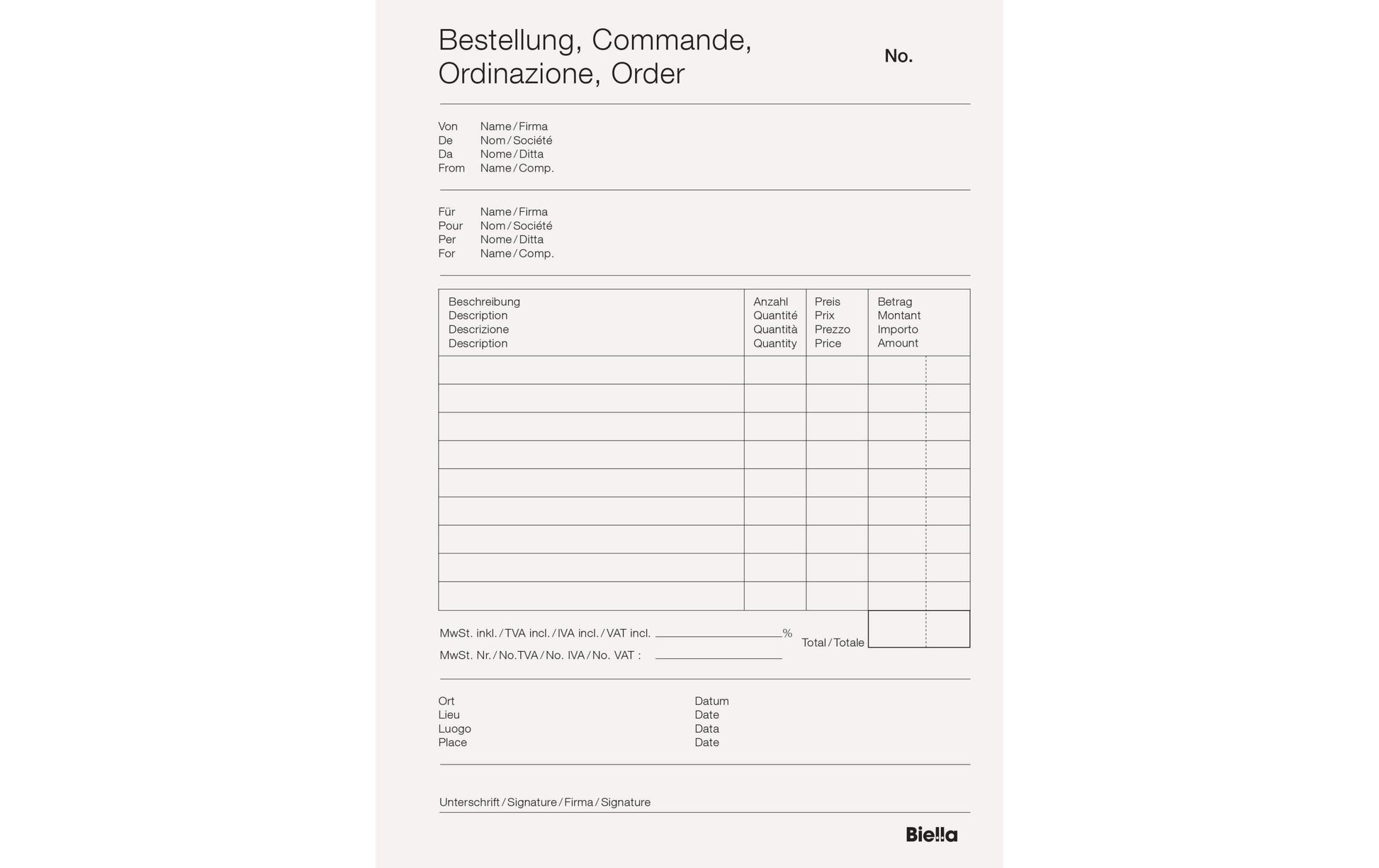 Biella Durchschreibeblock – Bestellschein, mehrsprachig, 50 Blatt, A5