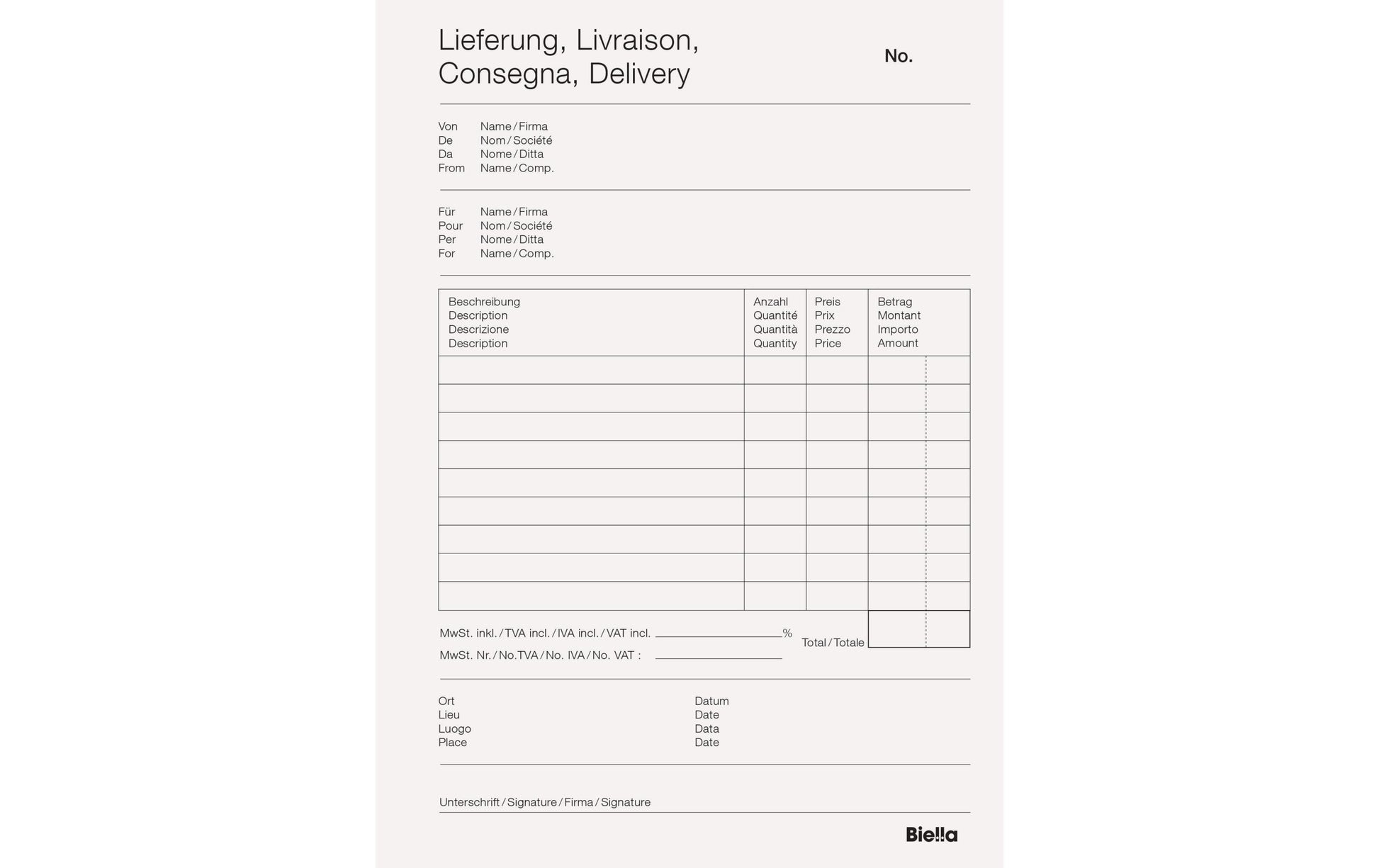 Biella Formularblock – Lieferschein, mehrsprachig, 50 Blatt, A5