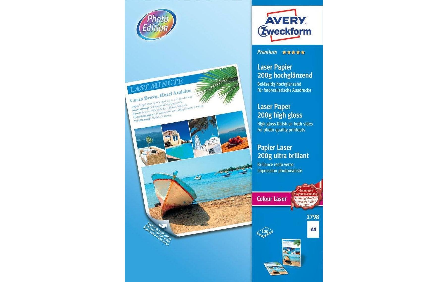 Avery Fotopapier – hochglänzend, A4, 200 g/m², 100 Blatt, beidseitig – für Farblaserdrucker