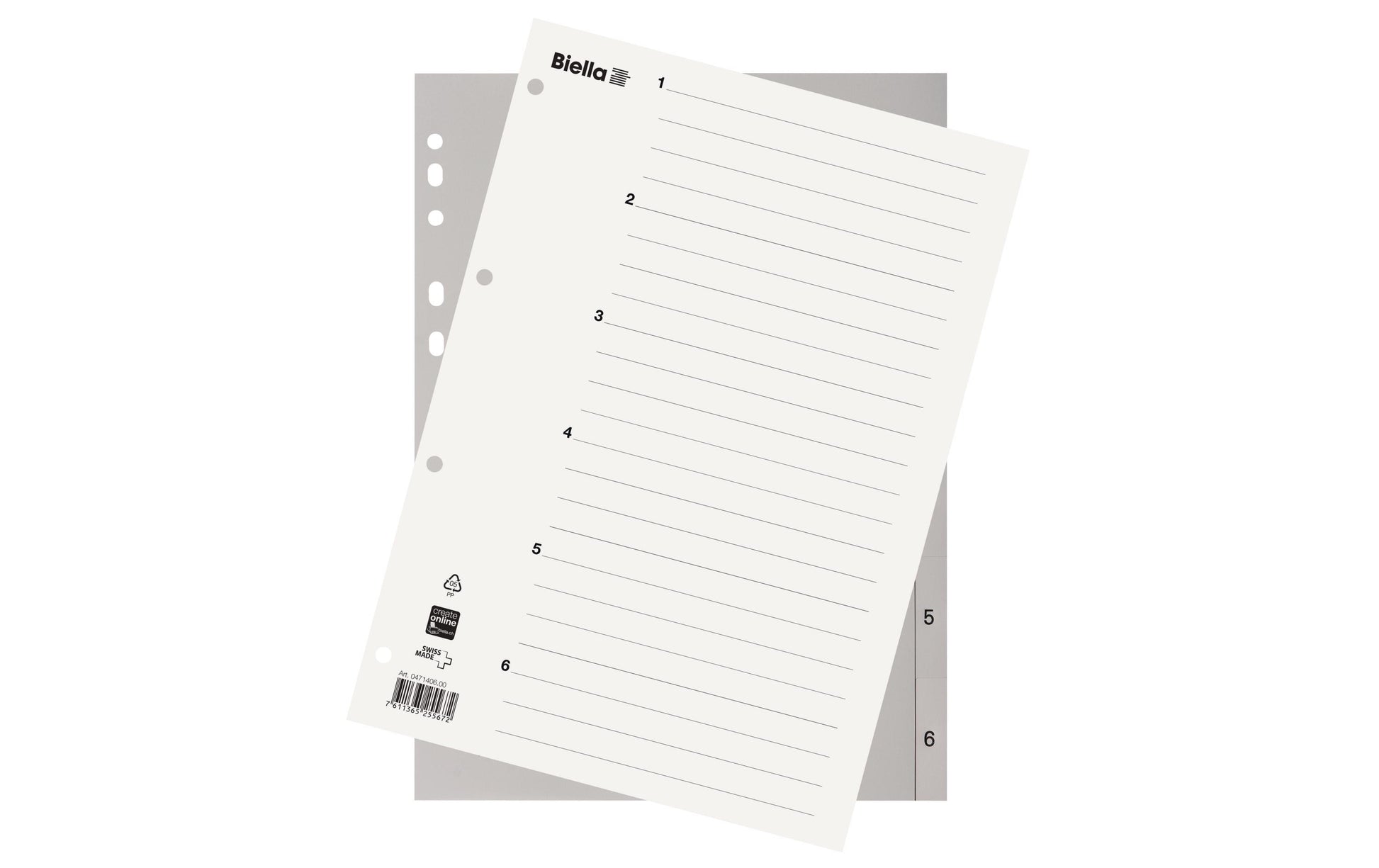 Biella Register – A4, 6-teilig, PP, hellgrau, vorgedruckt, 11-fach gelocht, mit Indexblatt, für A4