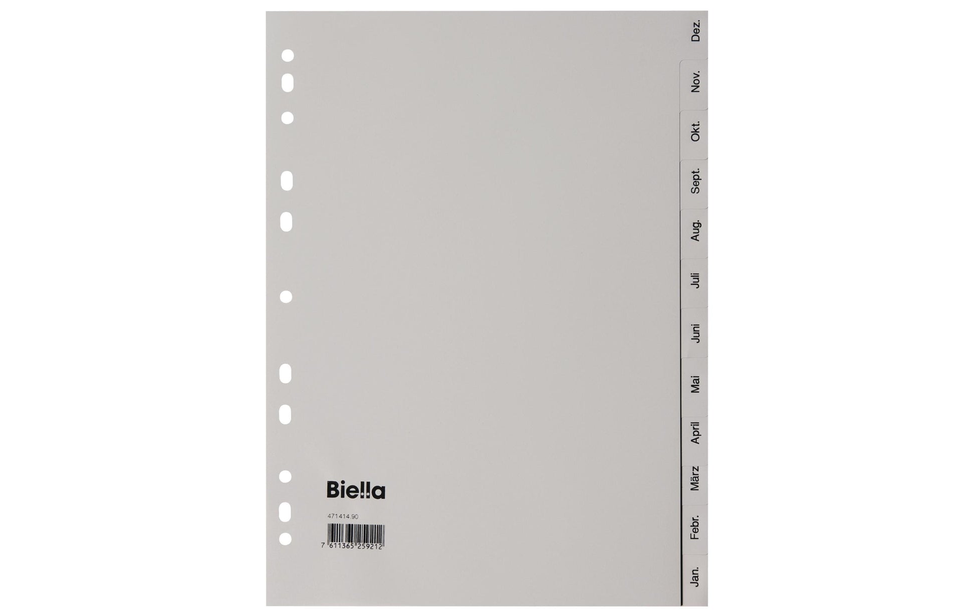 Biella Register A4 – Monate Dez.–Jan., 12 Taben, PP, Grau, 4-fach
